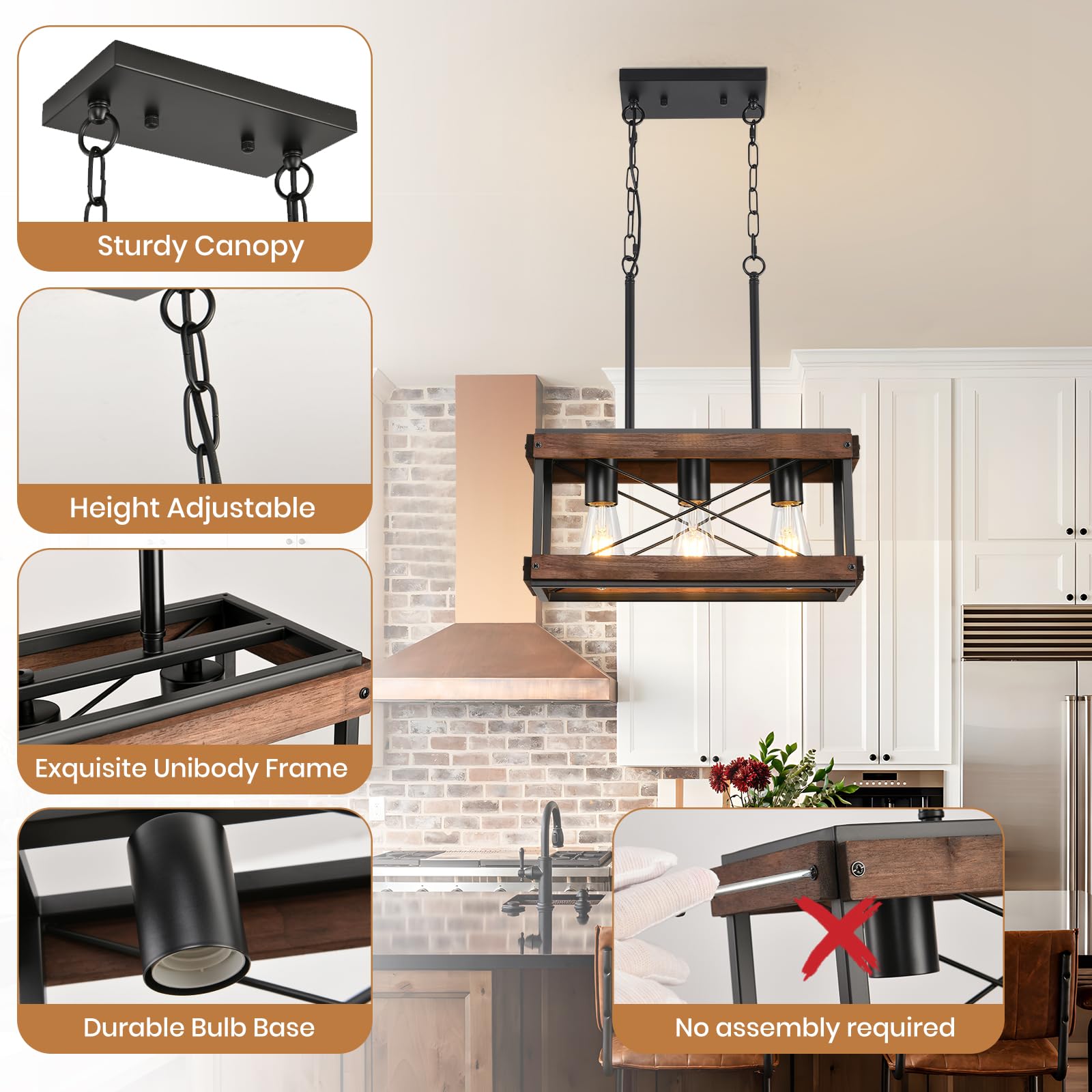 Hoxiya Farmhouse Kitchen Island Light  3 Lights Pendant Lighting Fixture  Rustic Wood Chandelier  Adjustable Height Metal Linear Light For Dining Room Kitchen Bar Pool Table.