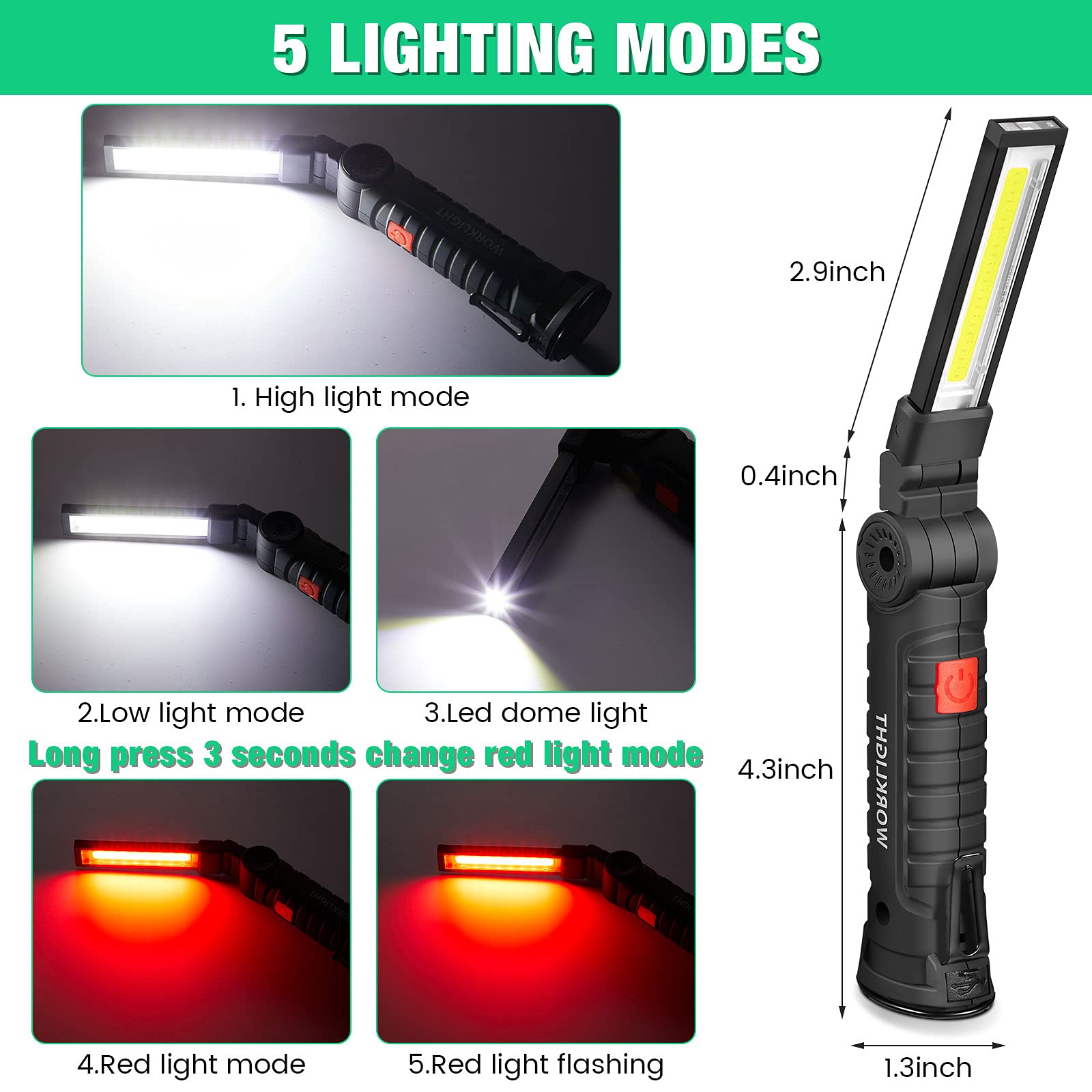 Honoson LED Work Light, Rechargeable COB Flashlight, 5 Modes, Magnetic Base, Hanging Hook, Small, Red, Model Honoson-916477