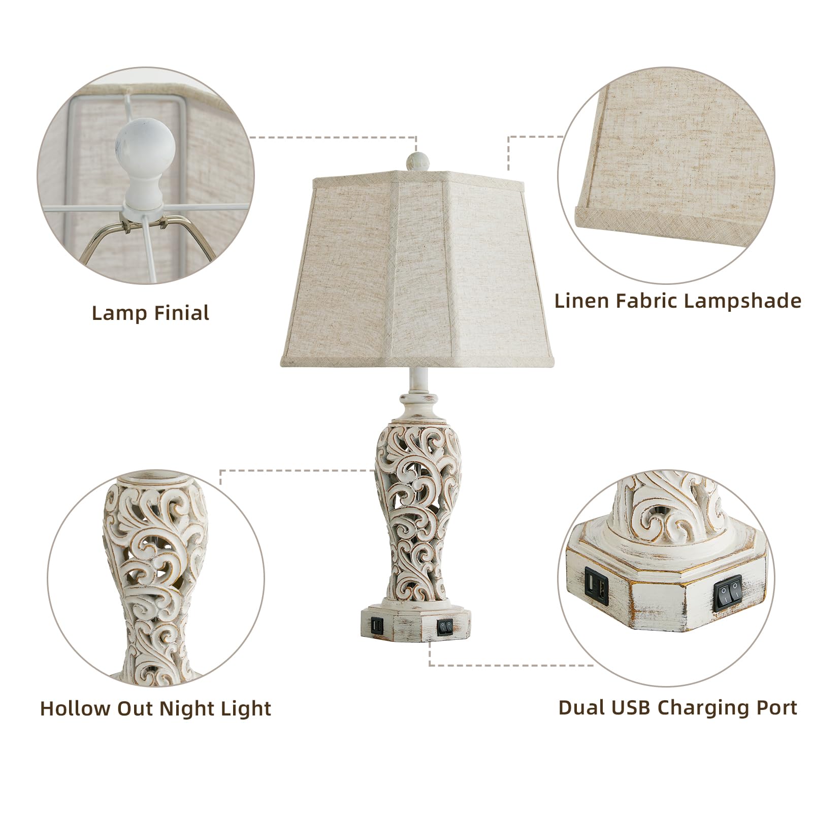 Reyokale Set of 2 Rustic Table Lamps, Wash White Resin, Vintage Design with 2 USB Ports, Model FBA-8916, Bulbs Included