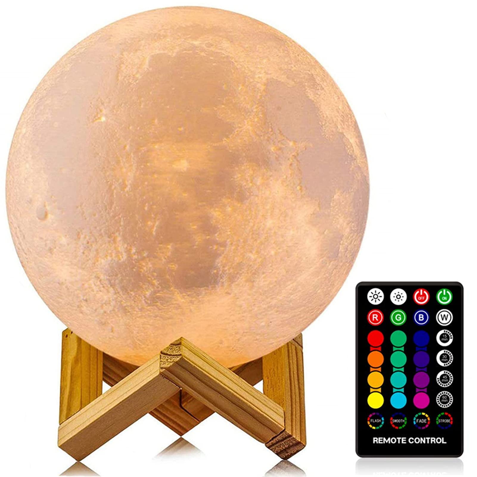 LOGROTATE Moon Lamp, 16 Colors LED Night Light, 4.8 Inch, 3D Printing, Wood with Remote/Touch Control, Kid-Friendly Room Decor