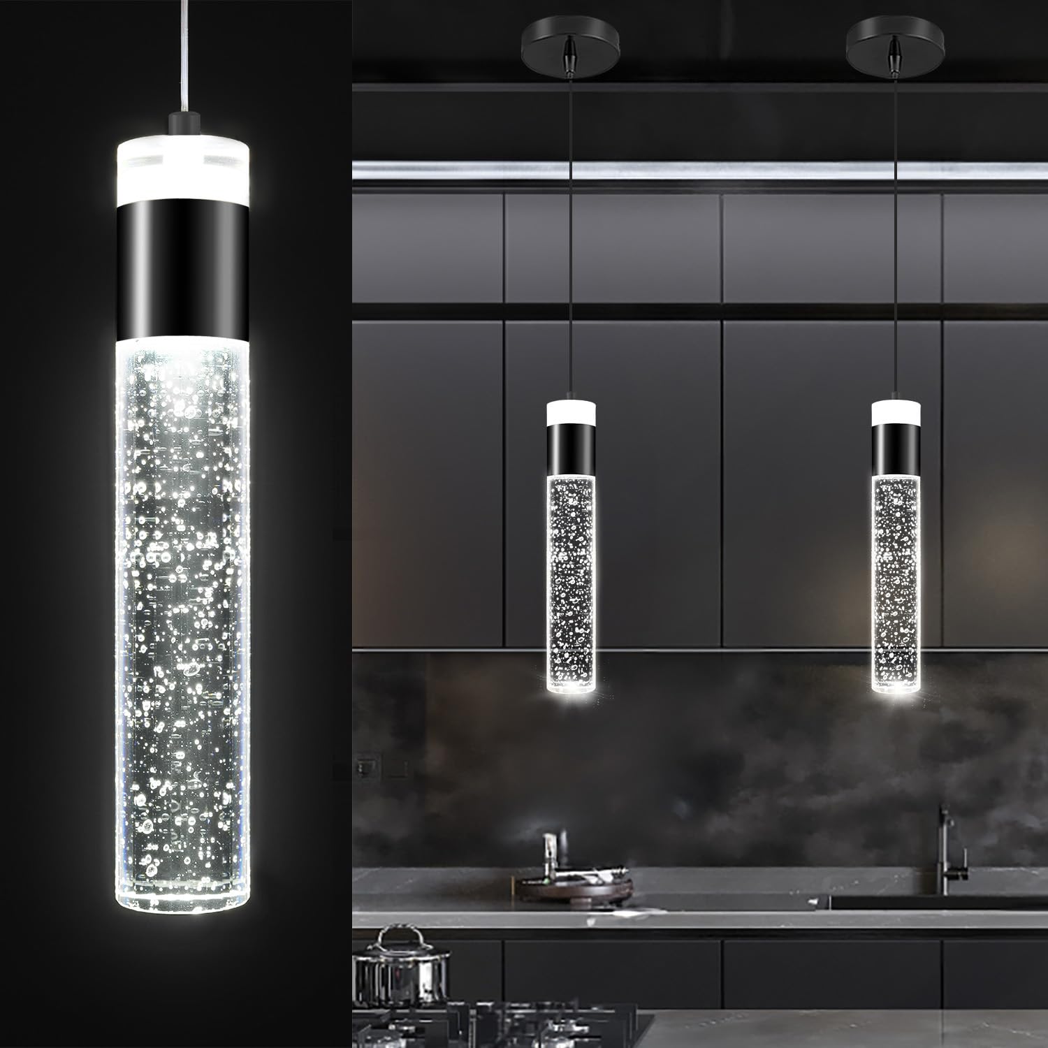 Modern Mini Crystal Pendant Light for Kitchen Island Bedroom Bedside Hanging Ceiling Lamp with Crystal Bubble Column, LED Dimmab