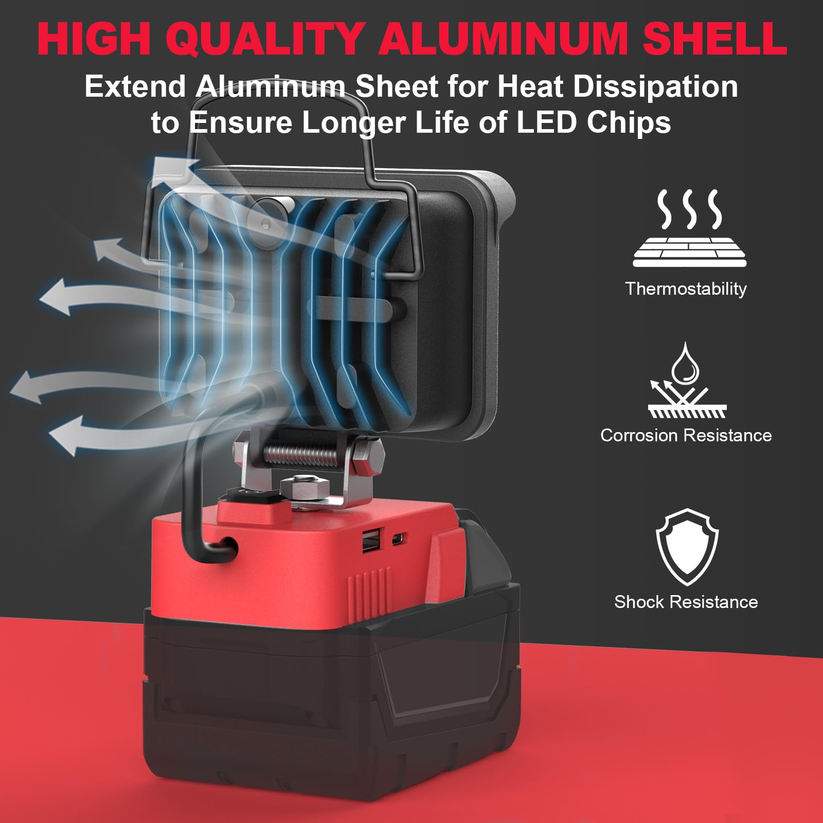 MtiolHig Cordless LED Work Light - 38W 3800 Lumen, Metal, Compatible with Milwaukee 18V Battery, USB & Type-C Charging, Portable