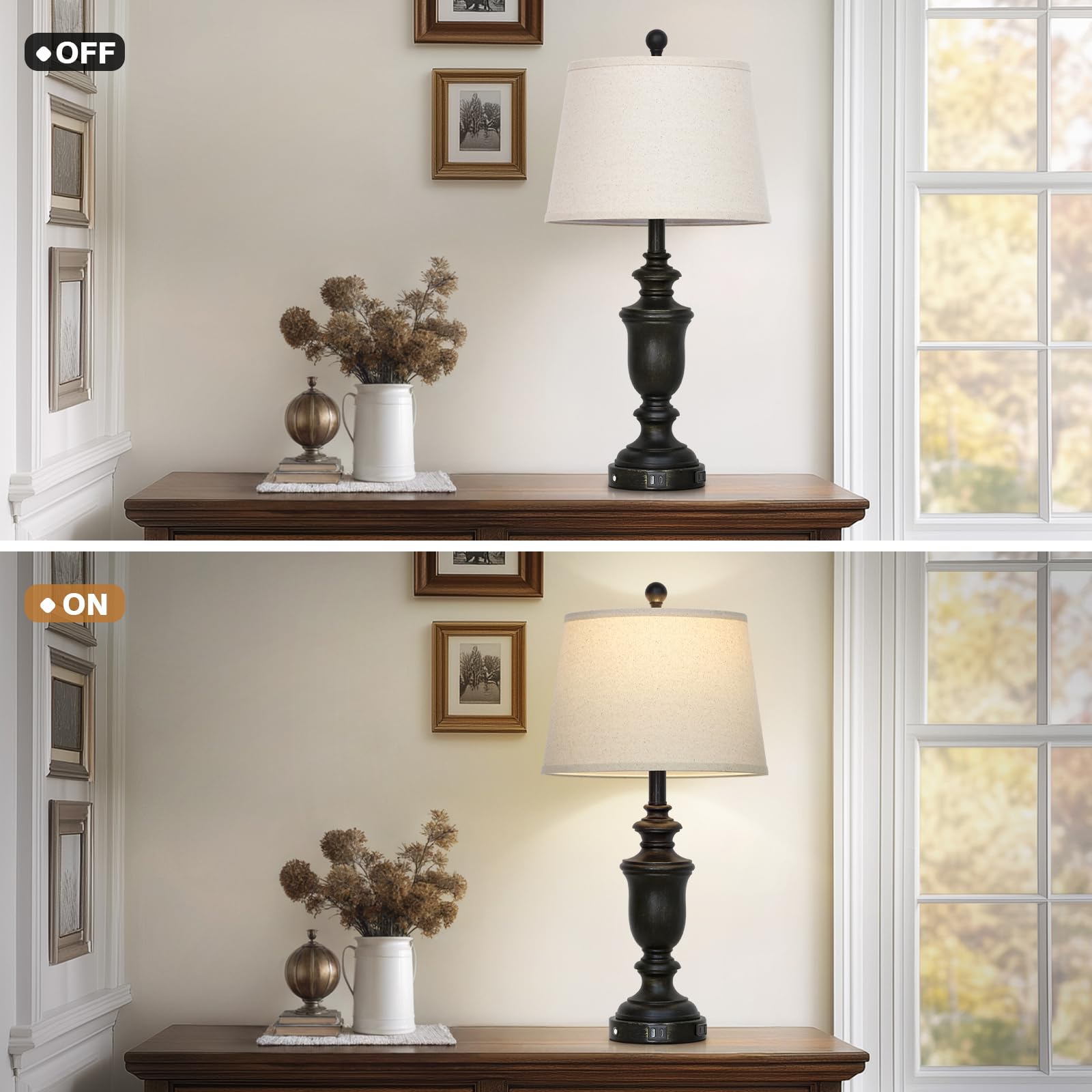 Cinkeda 26'' Black Table Lamps Set Of 2 With Usb C+A Ports & Ac Outlet For Farmohouse Living Room Retro Bedroom,3-Way Dimmable T