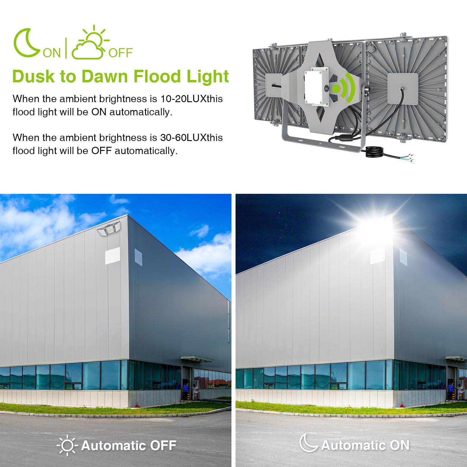 STASUN LED Flood Light, 600W 60000LM 6000K, IP66 Waterproof, Photocell Sensor, Gray, Model 20170