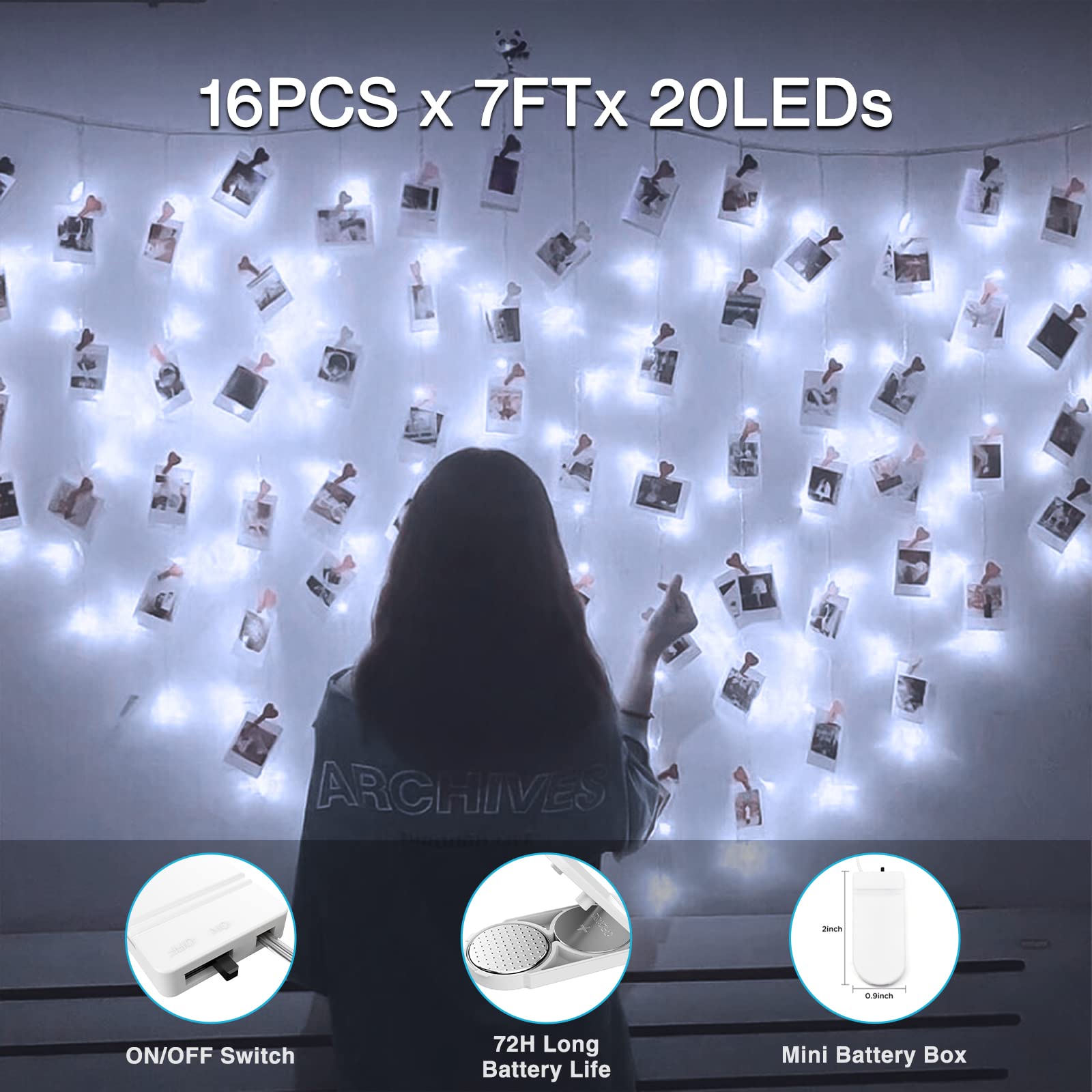 Olafus Mini String Lights, 16 Pack Battery Operated, IP68 Waterproof, 7ft LED Bottle Lights for Weddings, Cool White, Model TX20