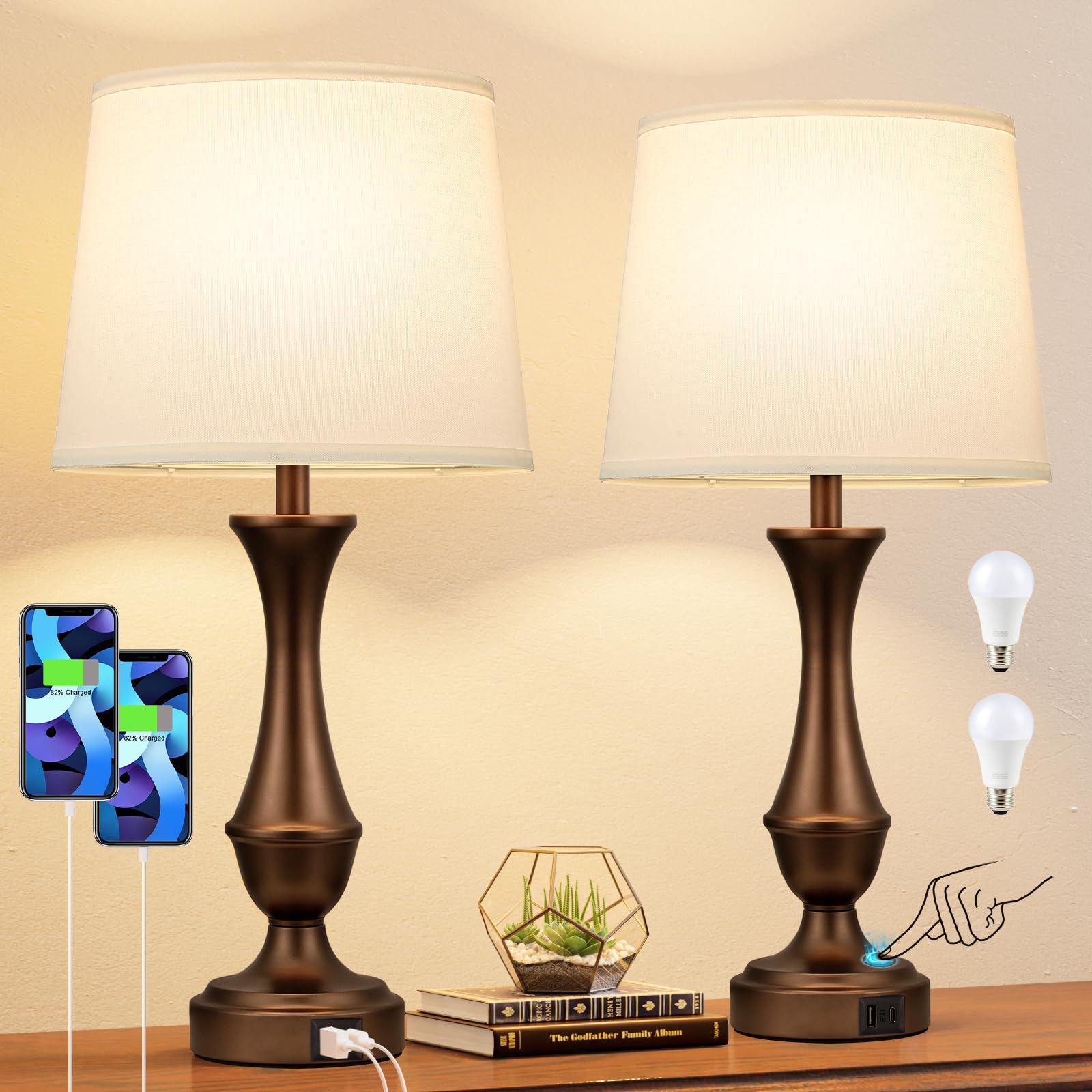 Seealle Touch Lamps Set of 2 - 3 Way Dimmable, USB C+A, Metal, White Shade & Brown Base, Model 04079