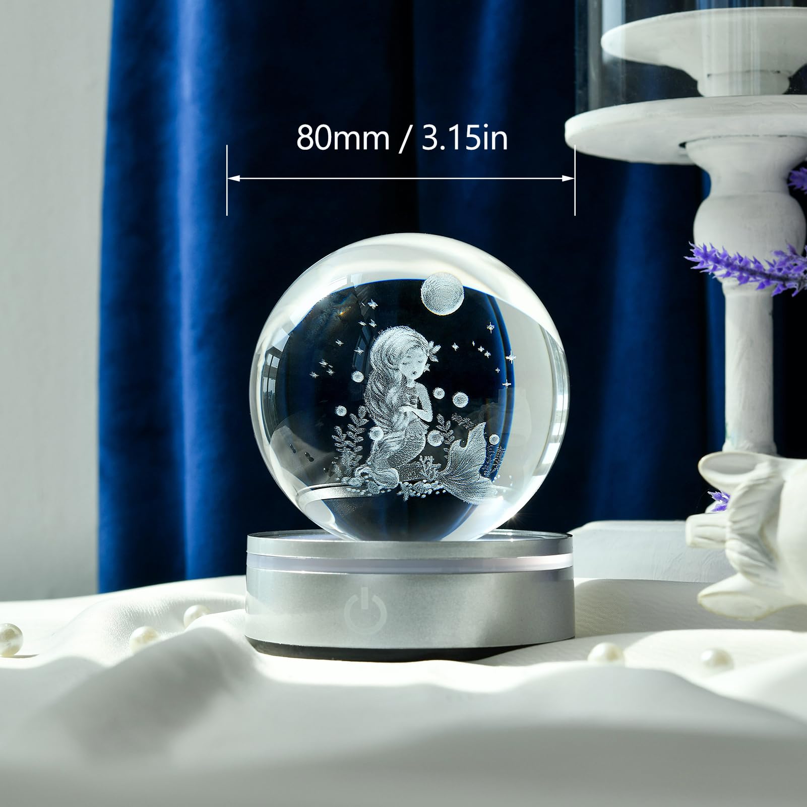 Ifolaina Mermaid Crystal Ball With Lighted Base Laser Engraved Glass Ball Mermaid Night Light Decorative Globes 3D Crystal Plant