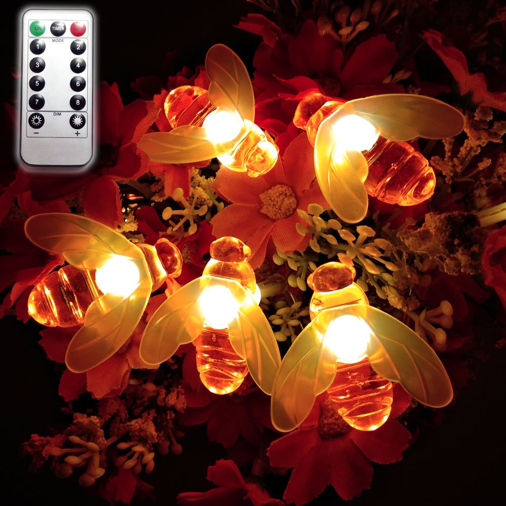Dreamworth Remote Bee String Lights, 40 LED, 19.5Ft, Battery Operated, Warm White, Model LT0052NW-40led for Garden Decoration