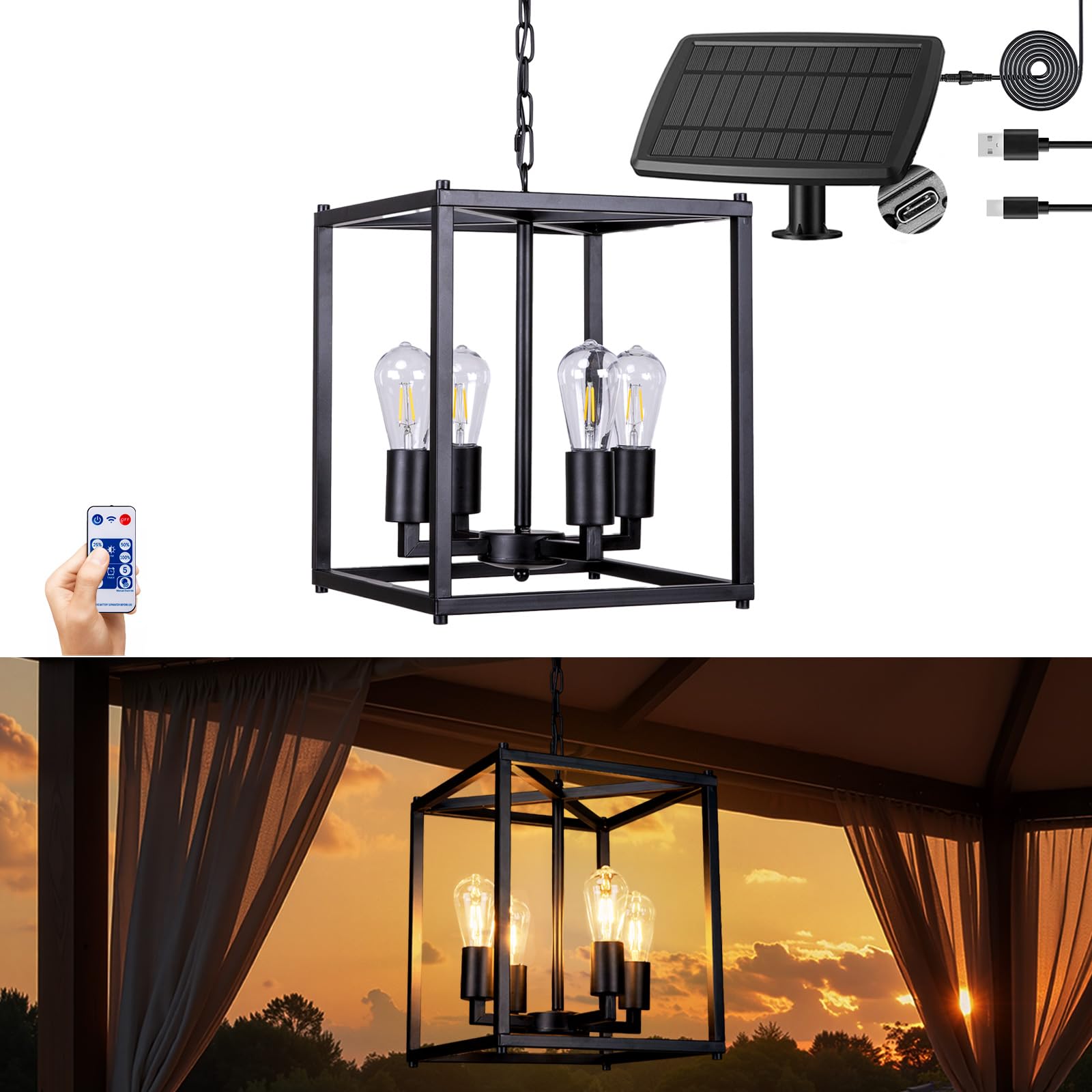 ALL FORTUNE Solar Chandelier Outdoor, 14 Farmhouse Waterproof Dimmable Hanging Pendant Lights for Gazebo, Pergola, Canopy Decor