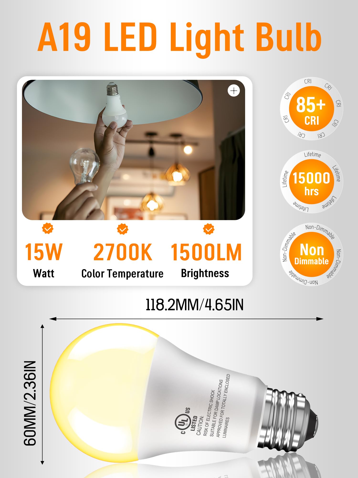 A19 Led Light Bulbs, 100 Watt Equivalent, 15W Soft Warm White 2700K, 1500 Lumens, E26 Standard Base, No Flicker Energy Saving La
