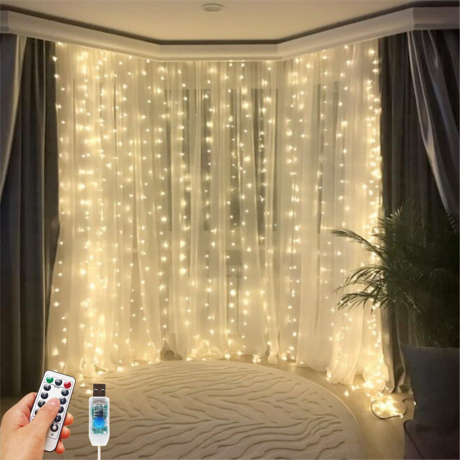 HOLITS 200 LED Fairy Curtain Lights, 6.6 x 6.6 FT Warm White USB Plug in 8 Modes String Hanging Lights with Remote for Christmas, Bedroom, Indoor, Outdoor, Weddings, Party (Warm White)