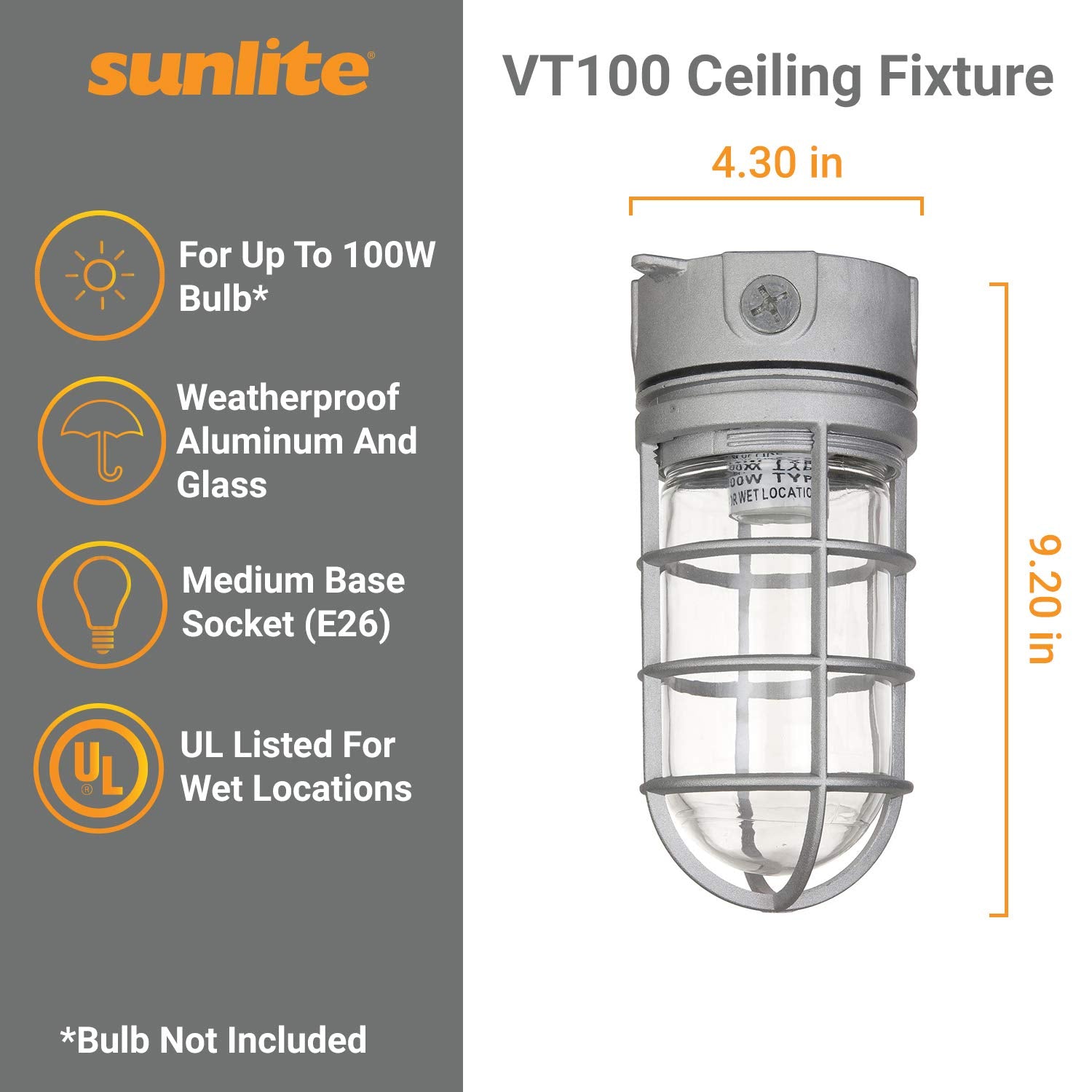 Sunlite Vaporproof Industrial Jar Light Fixture, Medium Base Socket (E26), Ceiling Mount, 100W Max, 120V, For Security Construct