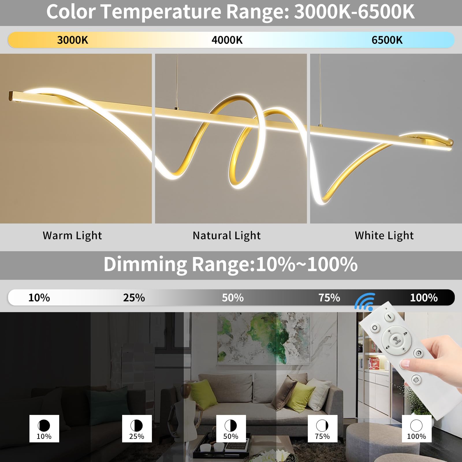 Modern Led Gold Pendant Light, 39In Ceiling Chandelier Fixtures Dimmable With Remote Control 3000K-6500K Adjustable Color Temperature,Aluminum Island Lighting Lamp For Dining Room, Living Room