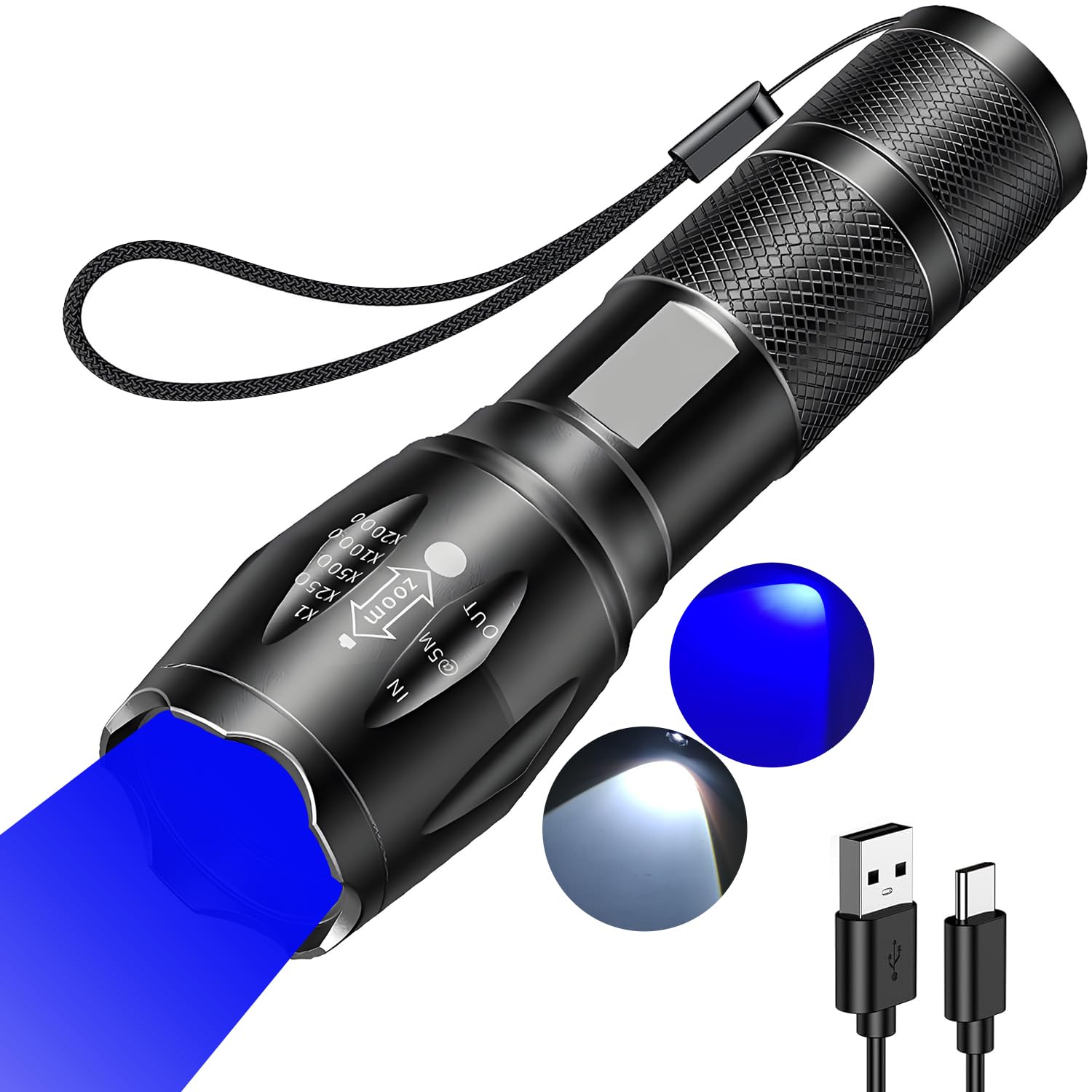 MVIOCS Rechargeable Blue Light Flashlight with Blue and White LED Combo, 2000 Lumens Super Bright LED Small Powerful Zoomable Fl