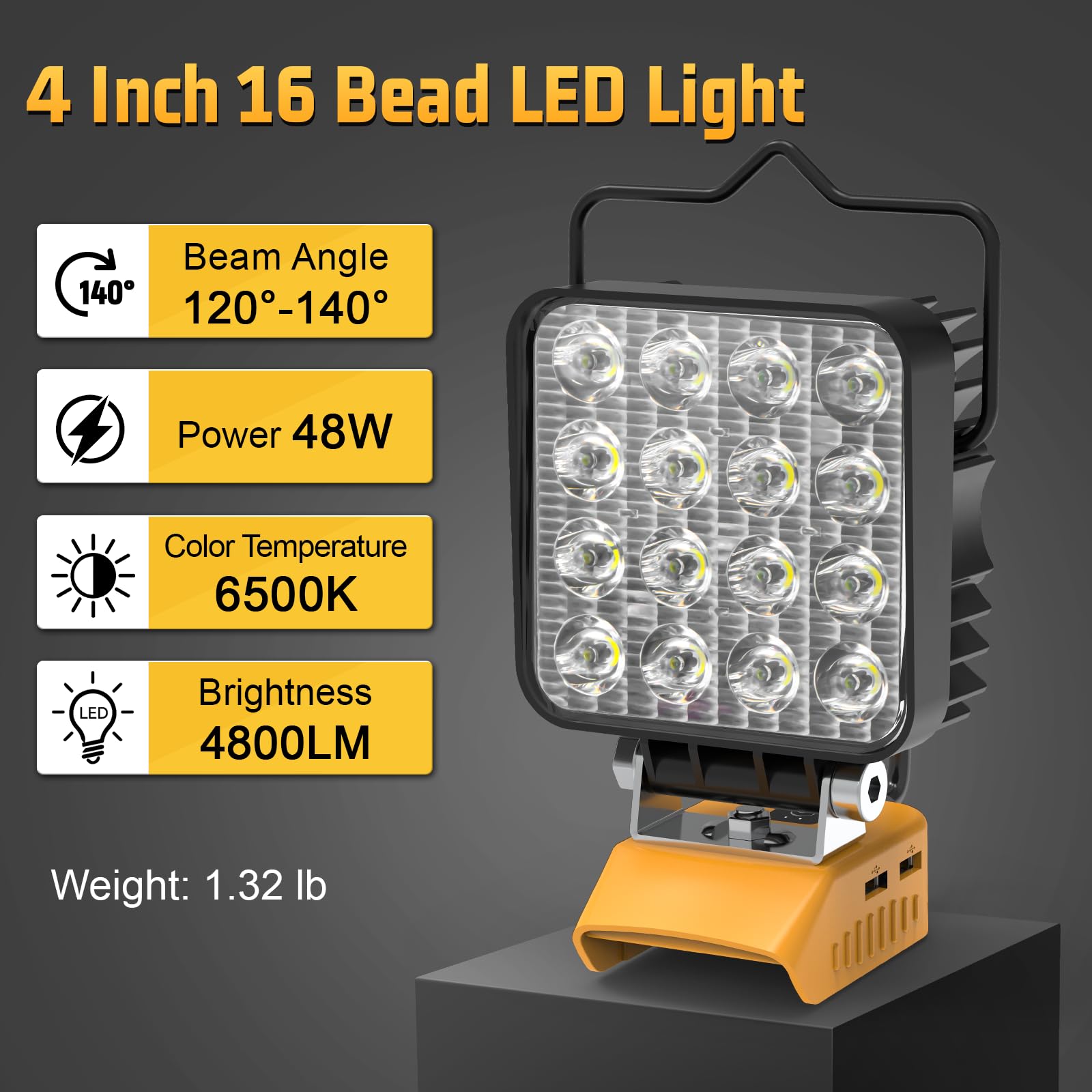 Mightrench LED Work Light 48W 4800LM Compatible with Dewalt 20V Battery, Yellow, Model DLED01, Adjustable 140°