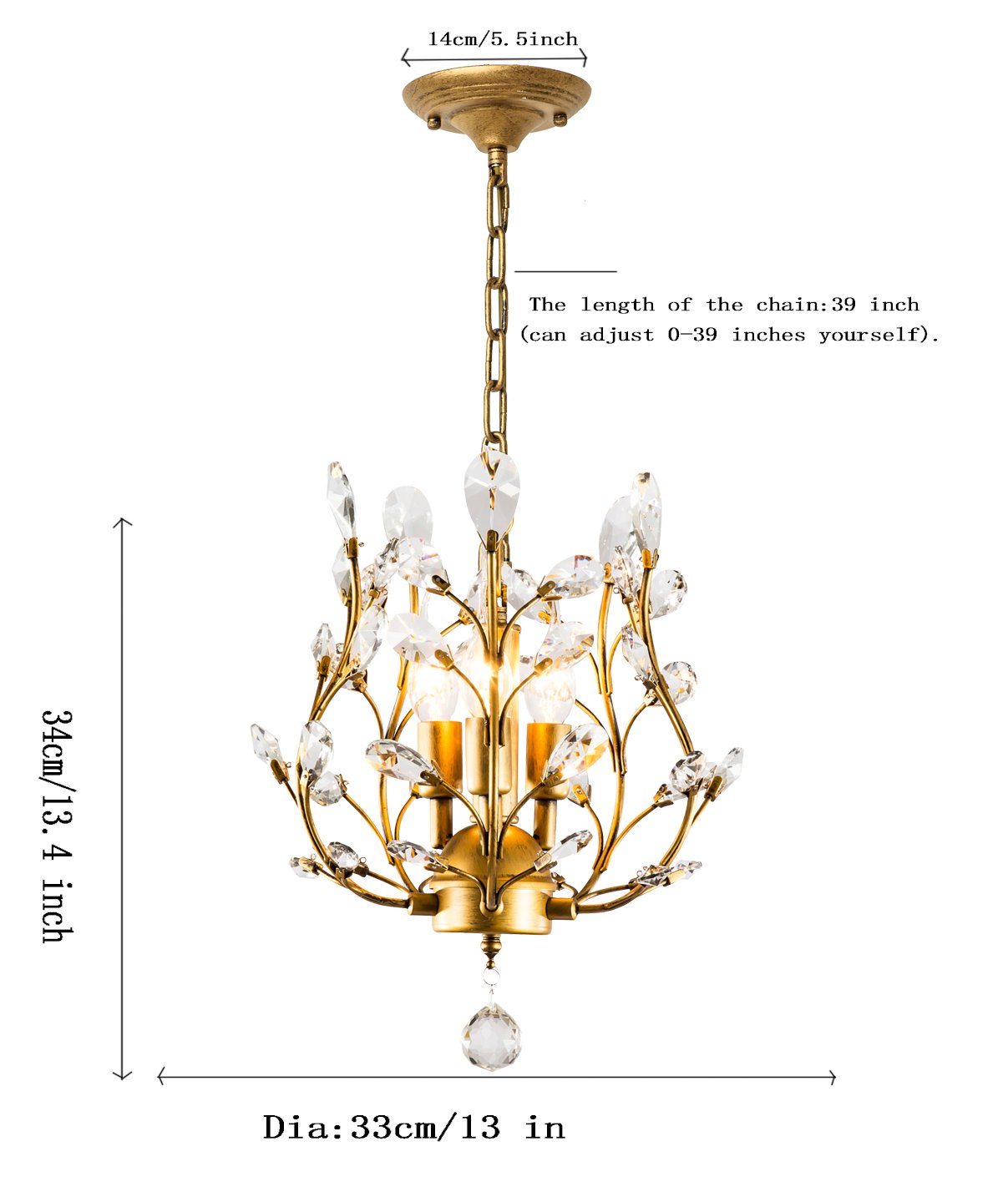 Garwarm 3-Light Crystal Chandelier, Iron and Crystal Ceiling Light Fixture, Gold Finish for Living Room, Bedroom, Restaurant, Porch