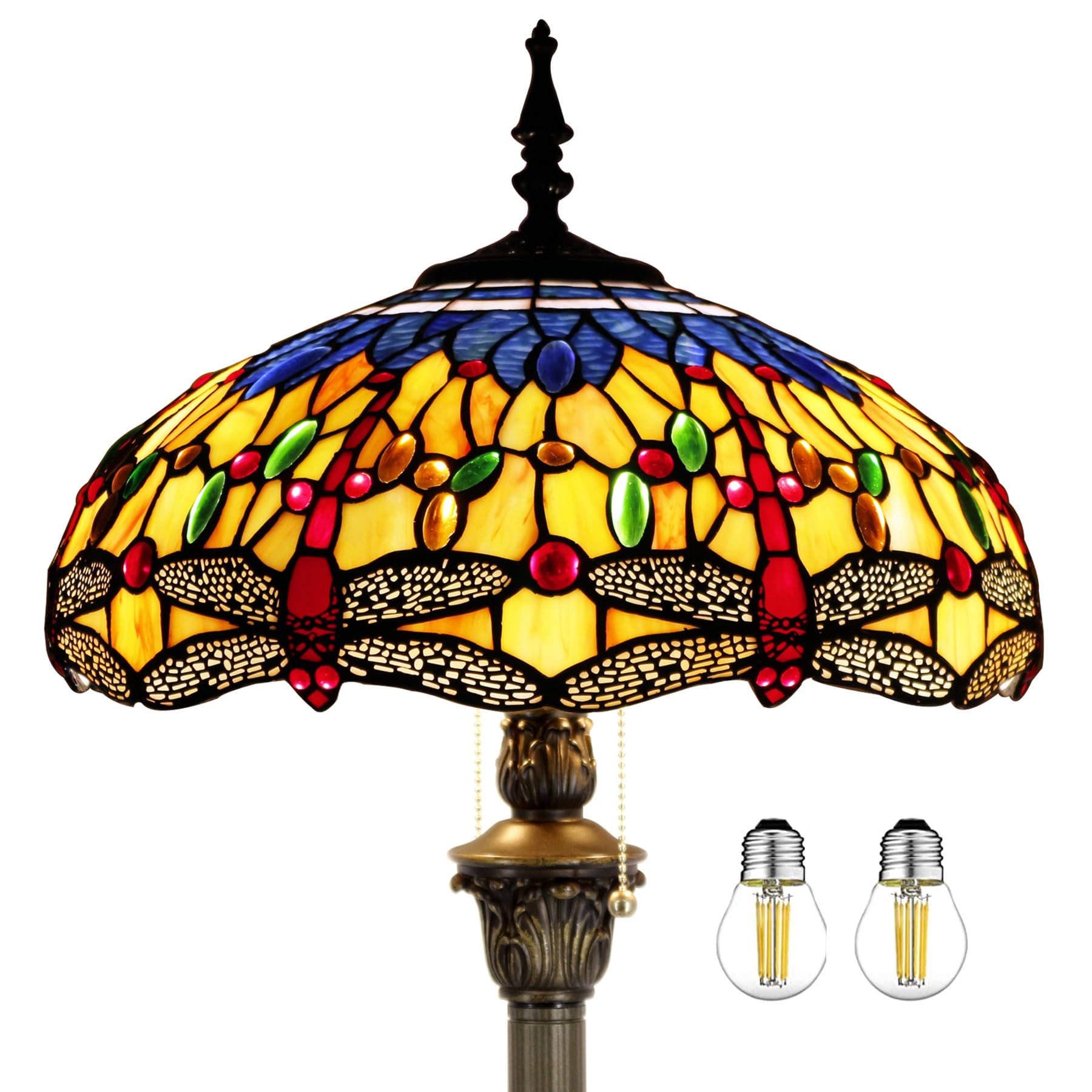 WERFACTORY Tiffany Floor Lamp Blue Yellow Dragonfly Stained Glass Standing Reading Light 16X16X64 Inches Antique Pole Corner Lam