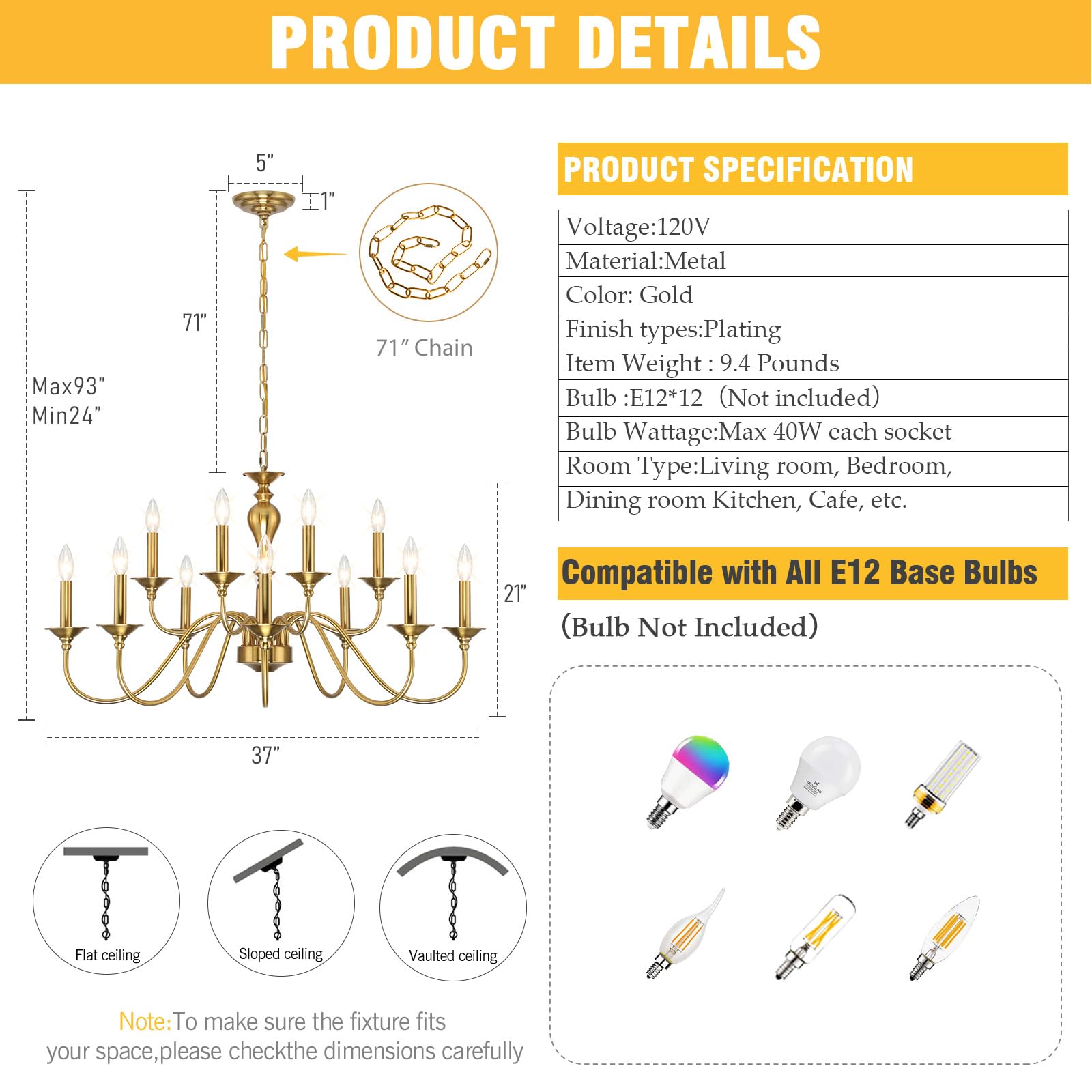 LIGHTDAMY 12-Light Gold Farmhouse Chandelier, Industrial Candle Hanging Fixture, D 37" for Dining Room, Living Room, Kitchen, Model Y501003X04