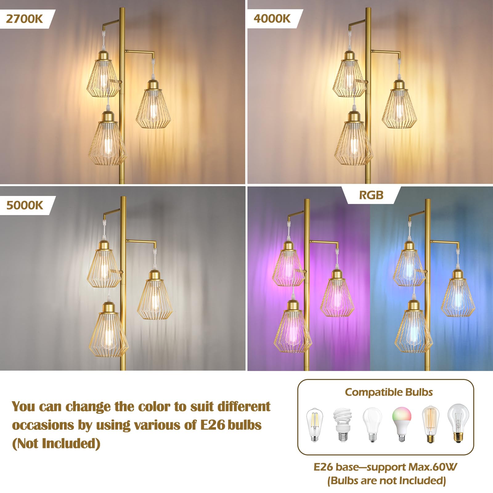 QiMH Industrial Floor Lamp, 68in Modern Metal Tree Lamp with 3 Teardrop Shades, Gold, E26 Socket, 3 LED Bulbs Included, Model STR-FL-0163