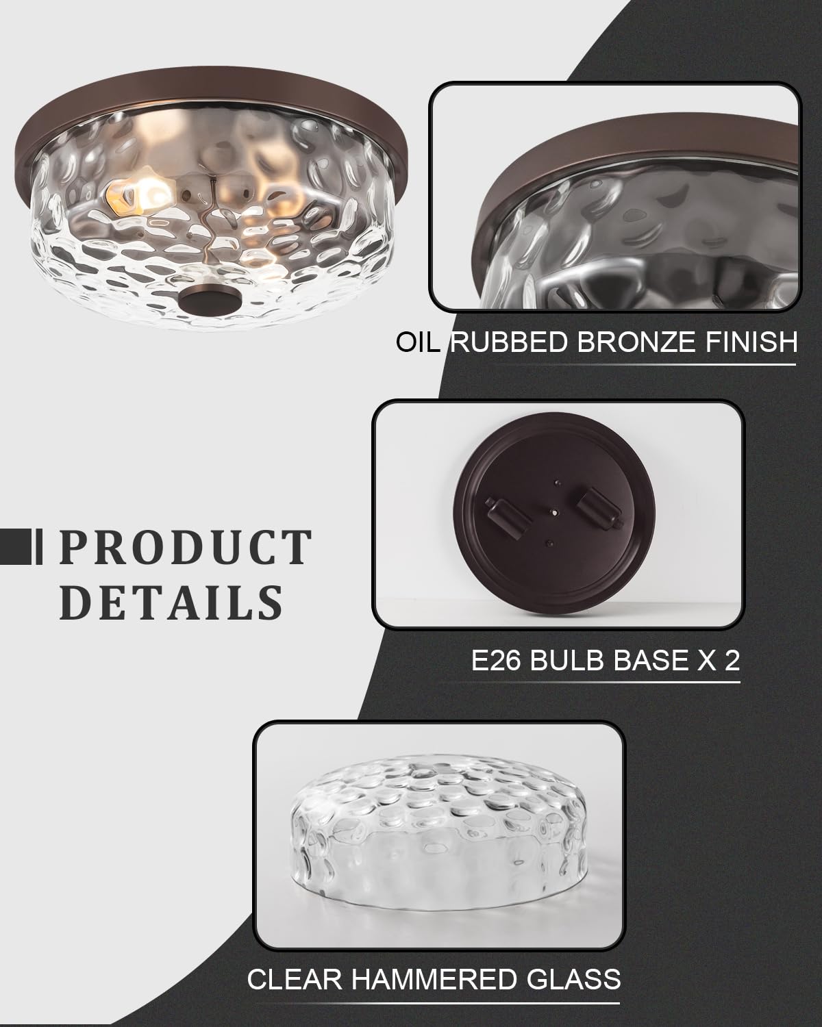 BinoBro 12 Inch Flush Mount Ceiling Light, 2 Light Industrial Fixture, Oil Rubbed Bronze, Model CL23998, Metal & Glass