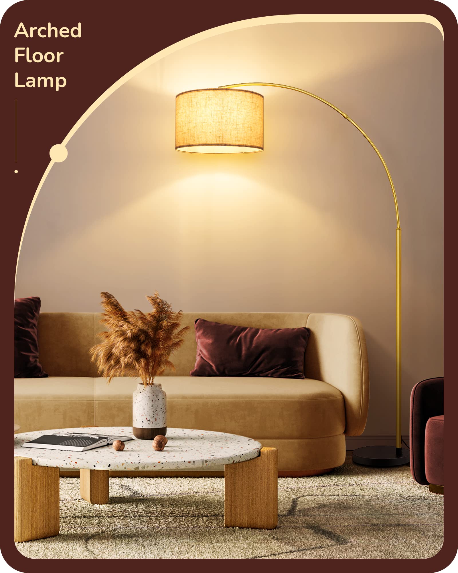 EDISHINE Gold Arched Floor Lamp, Mid Century Modern, Dimmable Bulb, 78.3in, Model HLFL04X