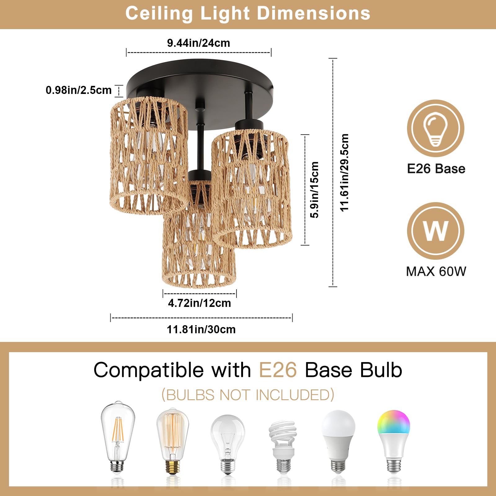 Foucasal Boho Light Fixtures Ceiling Mount, 3-Light Boho Flush Mount Ceiling Light, Rattan Woven Chandelier Lighting For Farmhou