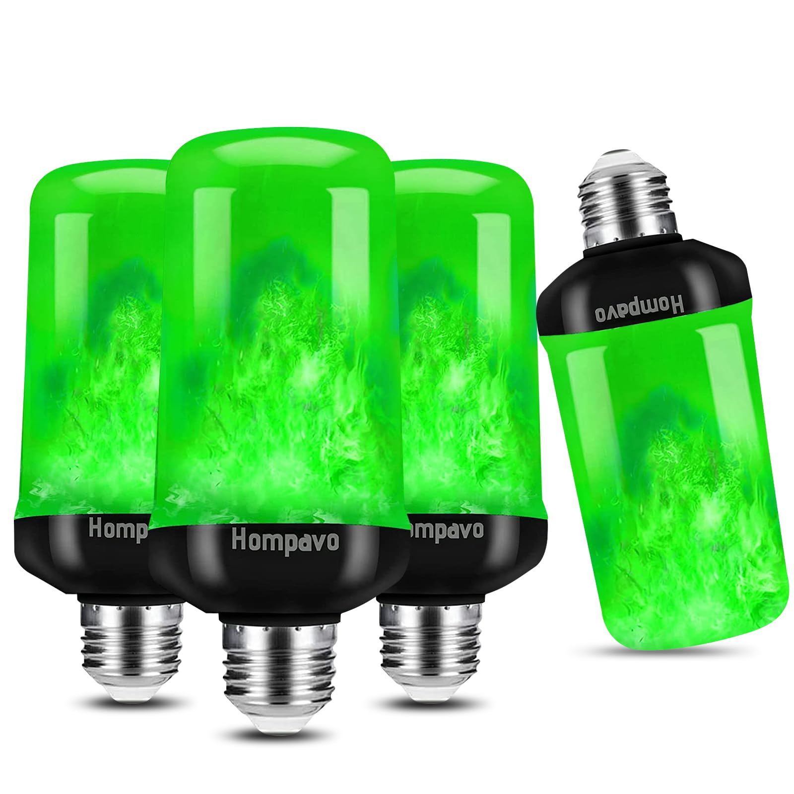 Hompavo LED Flame Light Bulbs, Green Flickering Effect, E26, 4 Pack, Polycarbonate, Ideal for Halloween & Christmas Decorations