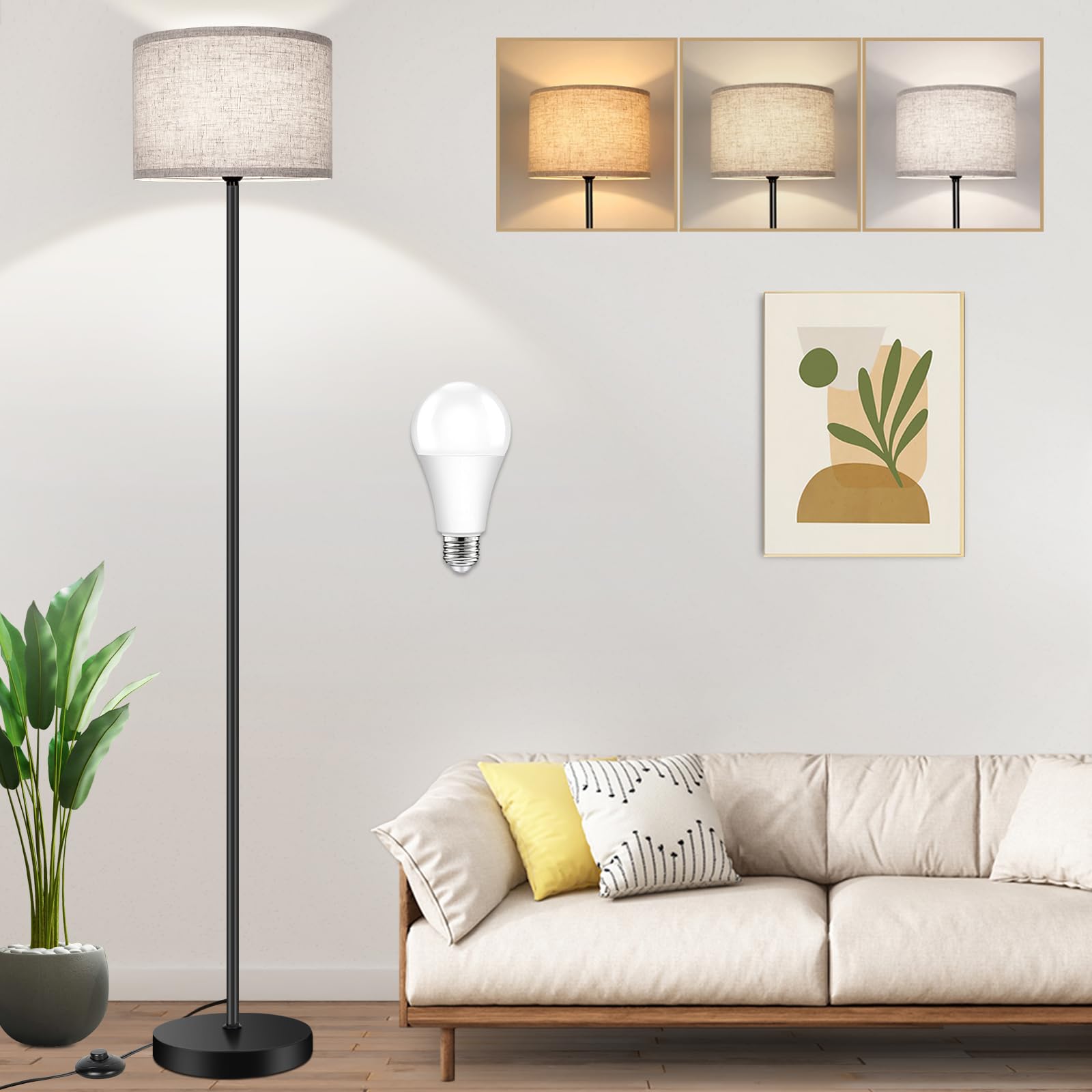 TOBUSA Floor Lamp with 3CCT LED Bulb, 65’’ Tall, Metal, Black Pole, Drum Shade, Dimmable, Model JF17061A.BK