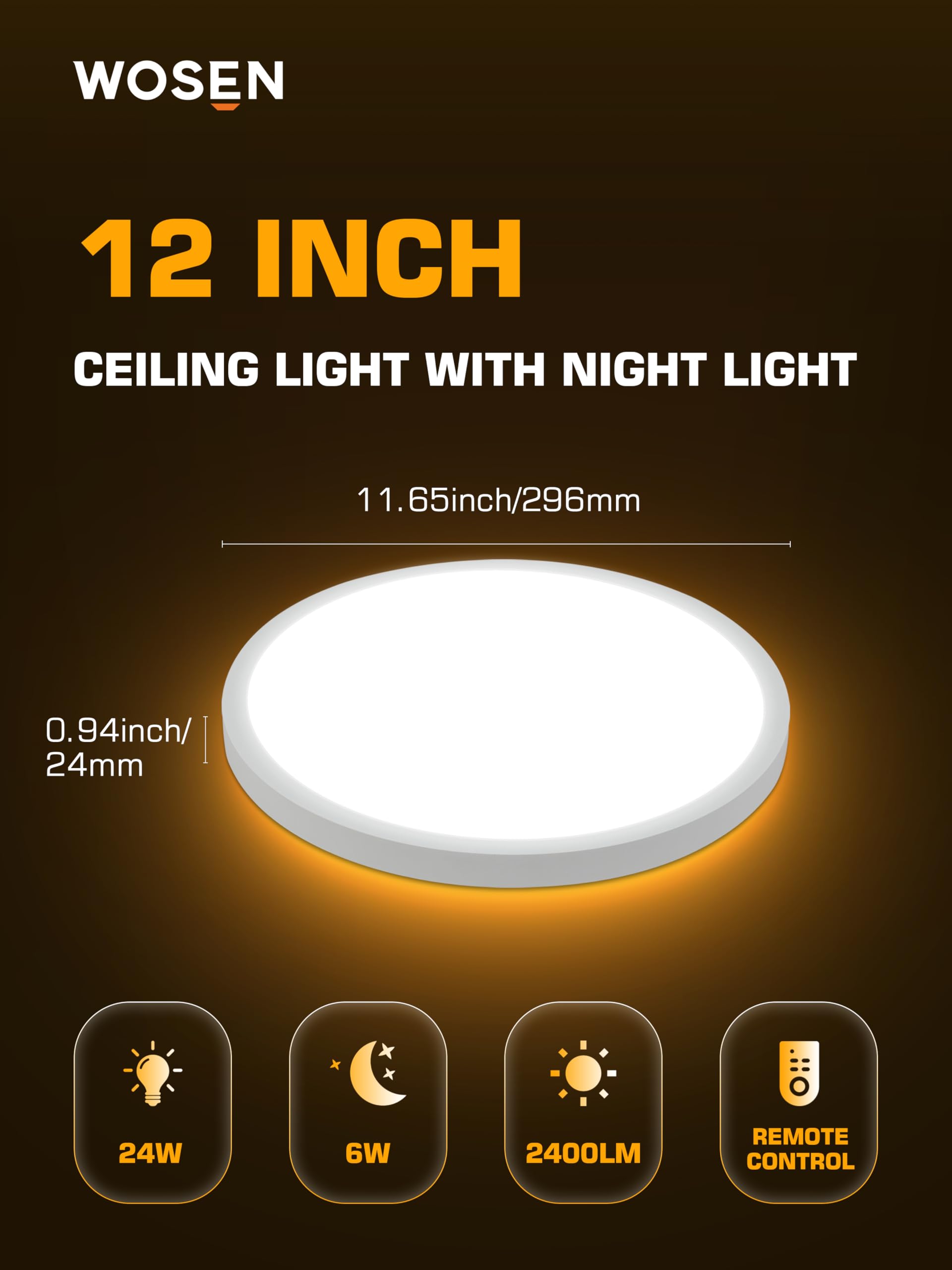 Wosen 12 Inch White LED Flush Mount Ceiling Light, 5 Color Temperature, 24W, Ultra-Slim, Remote Control, Round Fixture for Bedroom