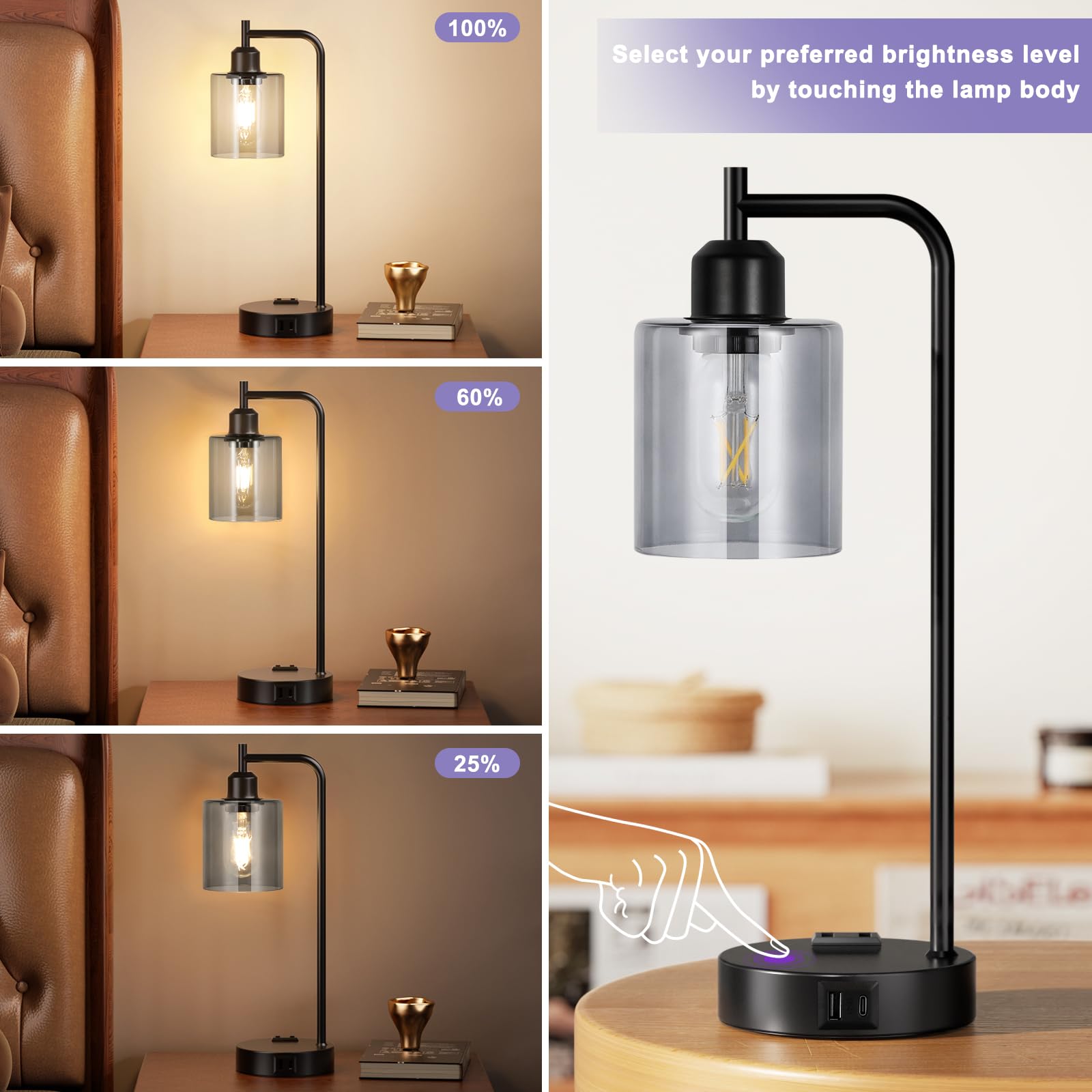 Innqoo 3-Way Dimmable Table Lamps Set of 2 with USB Ports, Gray Glass Shade for Bedroom and Home Office