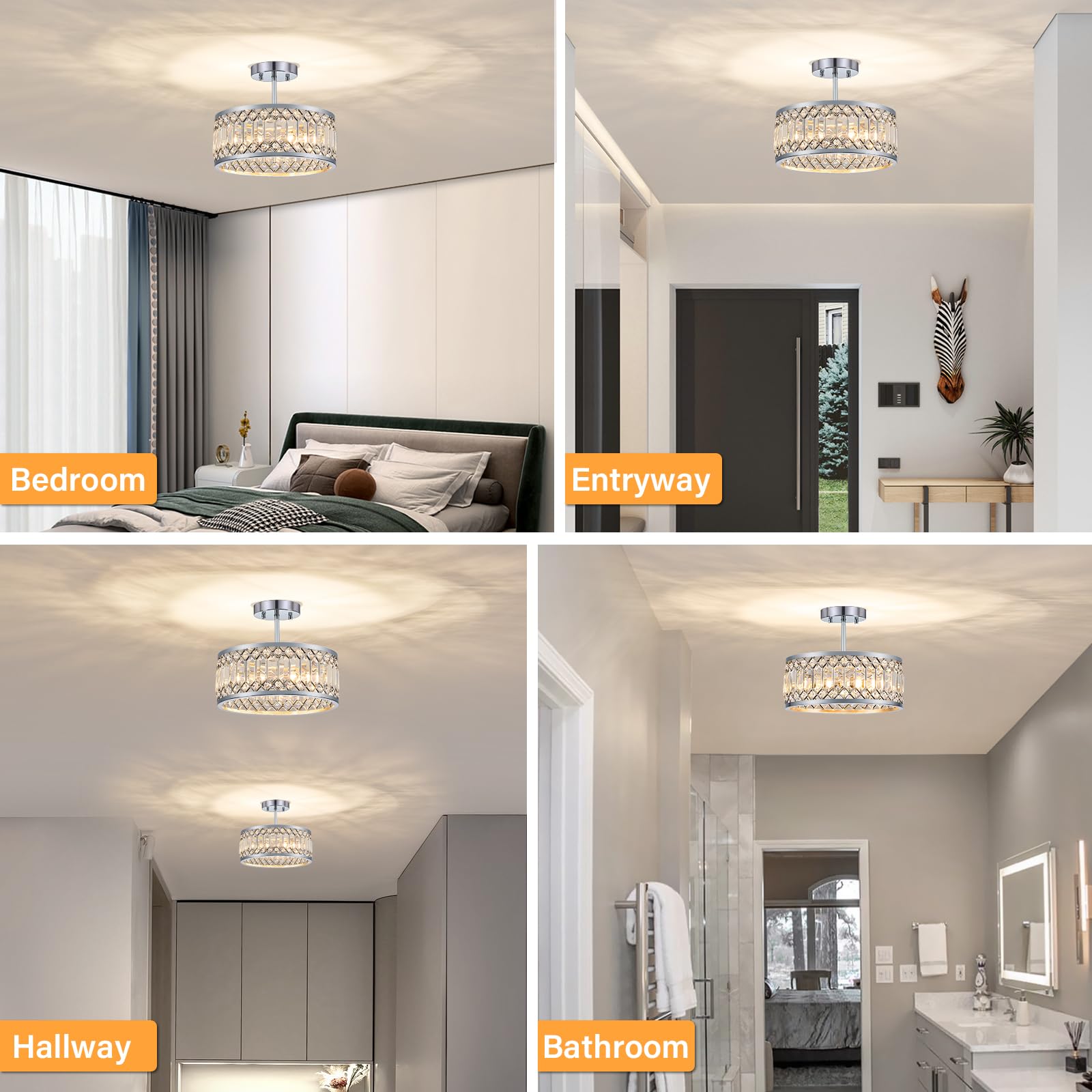 Yurnyq Crystal Ceiling Light Fixture, Modern Semi Flush Mount Ceiling Light, Chrome Lighting Ceiling Chandelier For Kitchen, Bed