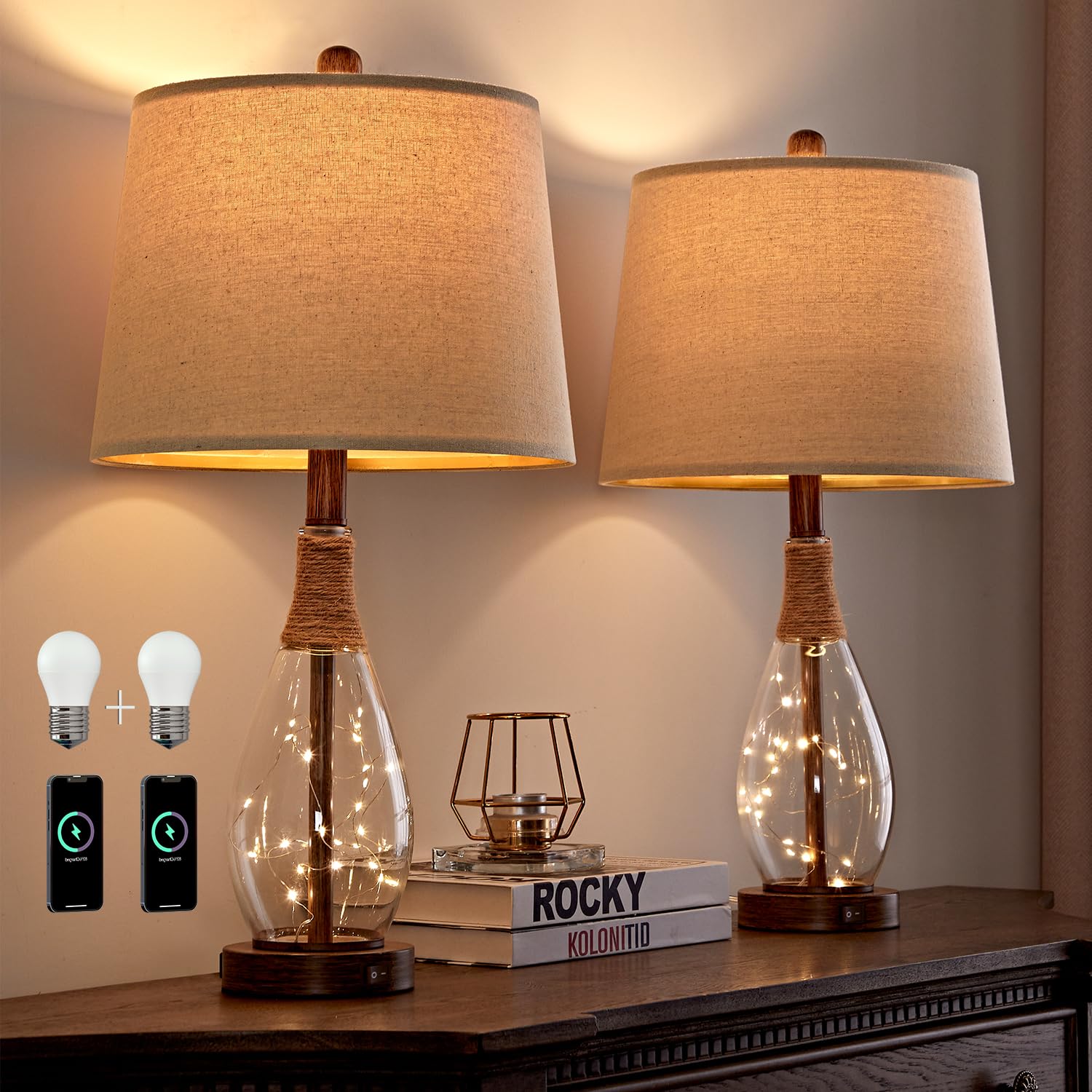 OYEARS USB A+C Table Lamp Set of 2, Modern Rattan Glass Nightstand Lamps for Bedroom, Brown, Model AMZ-T1140CL-U