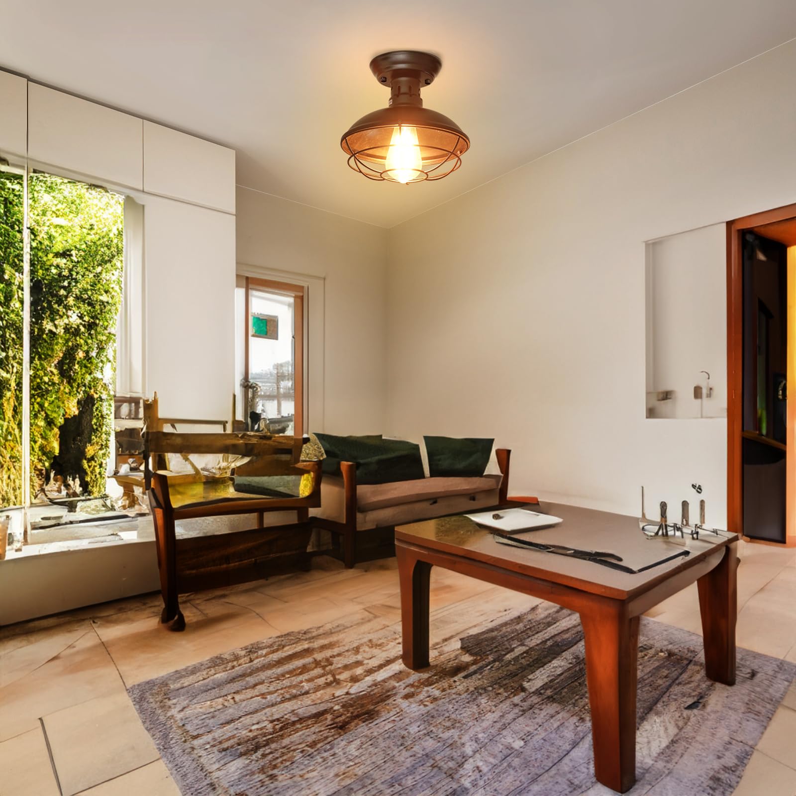 FRIDEKO HOME 2 Pack Flush Mount Ceiling Light Rustic Black Metal Cage E26 Base Model L01124-01-22CM-US-2PCS