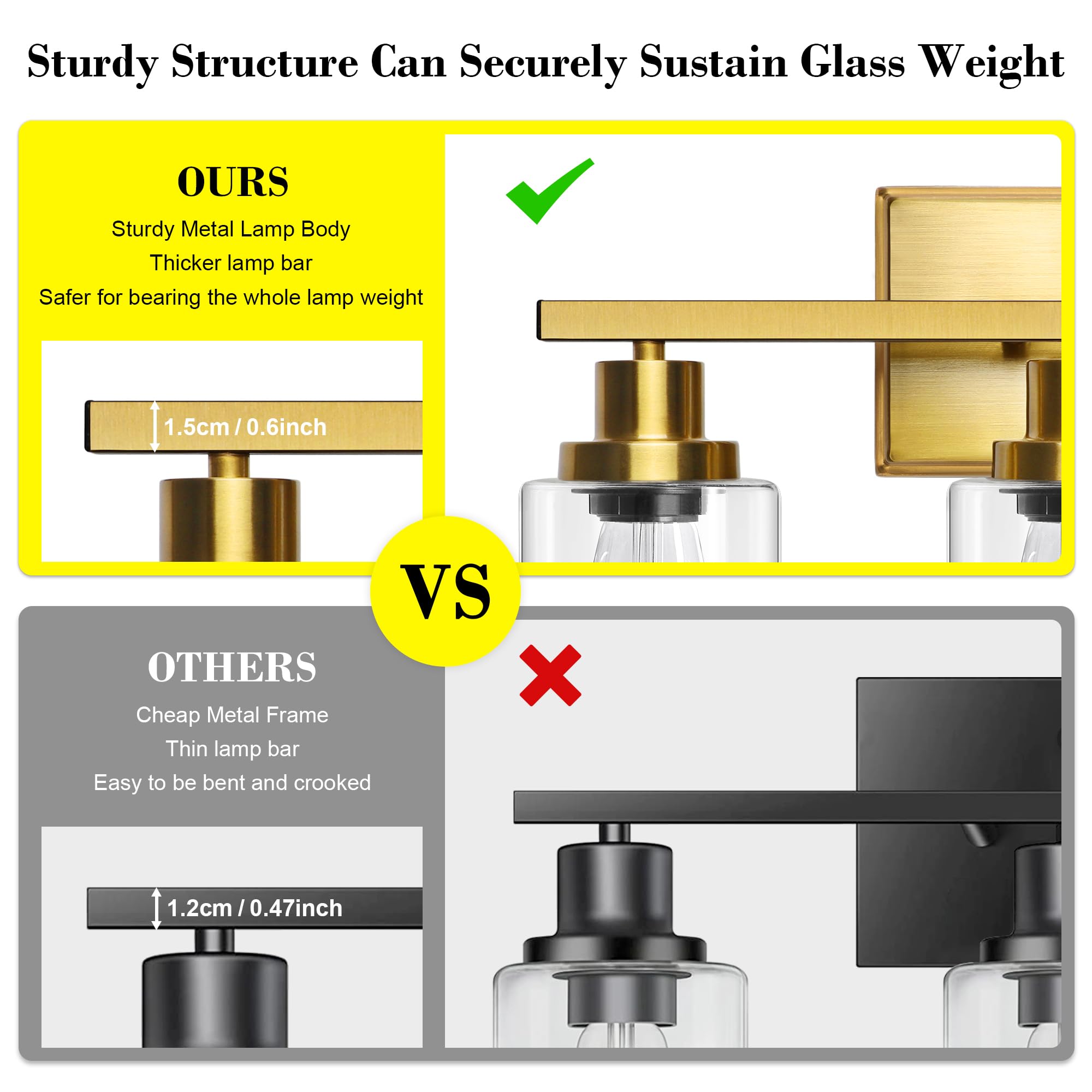 Ascher 3 Light Bathroom Vanity Light Fixtures, Gold Wall Sconces with Clear Glass Shade for Mirror, Kitchen, Living Room