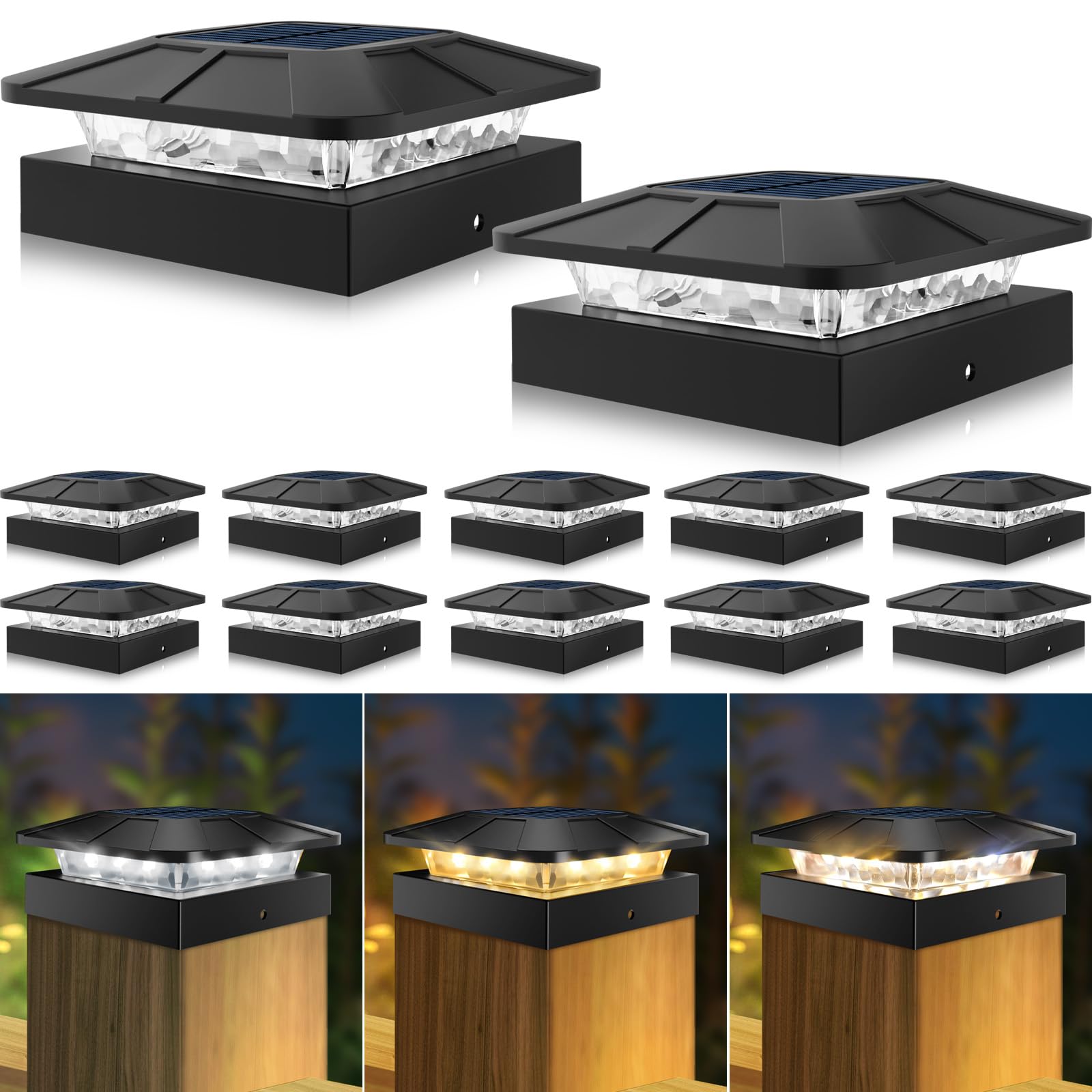 Peasur 4x4 Solar Post Cap Lights Outdoor 12 Packs, 3 Lighting Modes LED Post Light Solar Powered Waterproof, Fence Deck Lights f