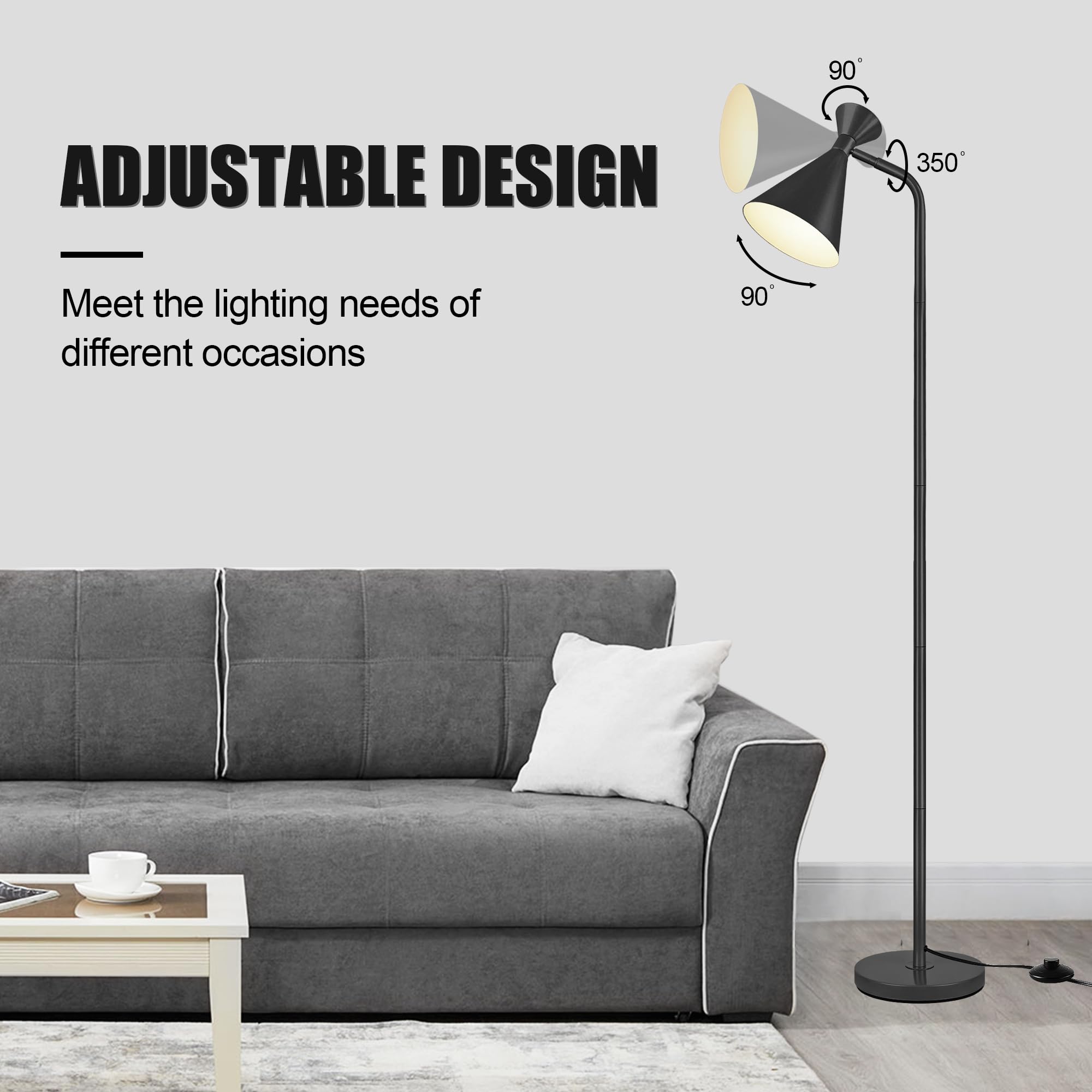 PARTPHONER Floor Lamp, Adjustable Metal Heads, Black, Modern Design, Model PAFP073AB1, Foot Switch, Ideal for Living Room, Office, Kids Room