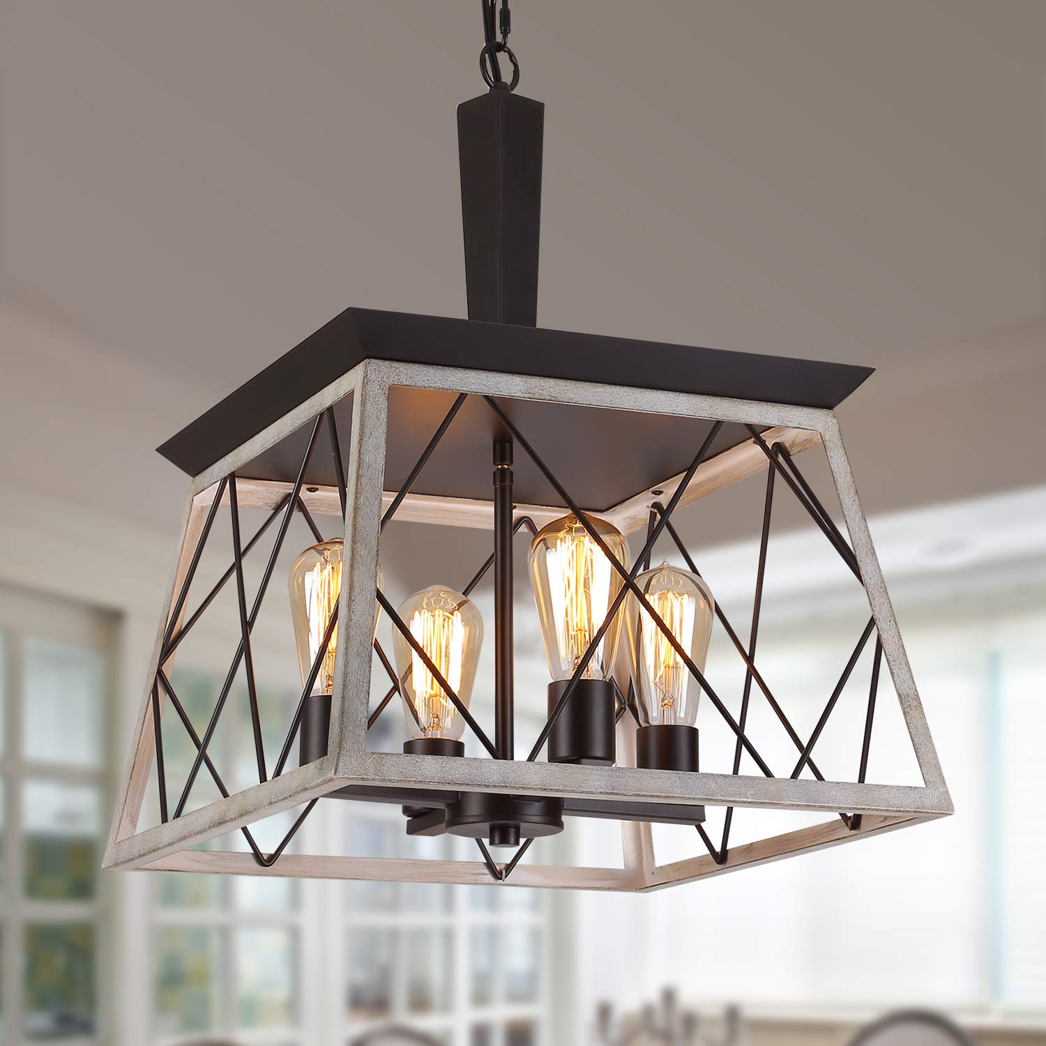 Q&S Farmhouse Vintage Chandelier, 4-Light Pendant Light Fixture, Iron, Oak White, Model P2006-4, UL Listed