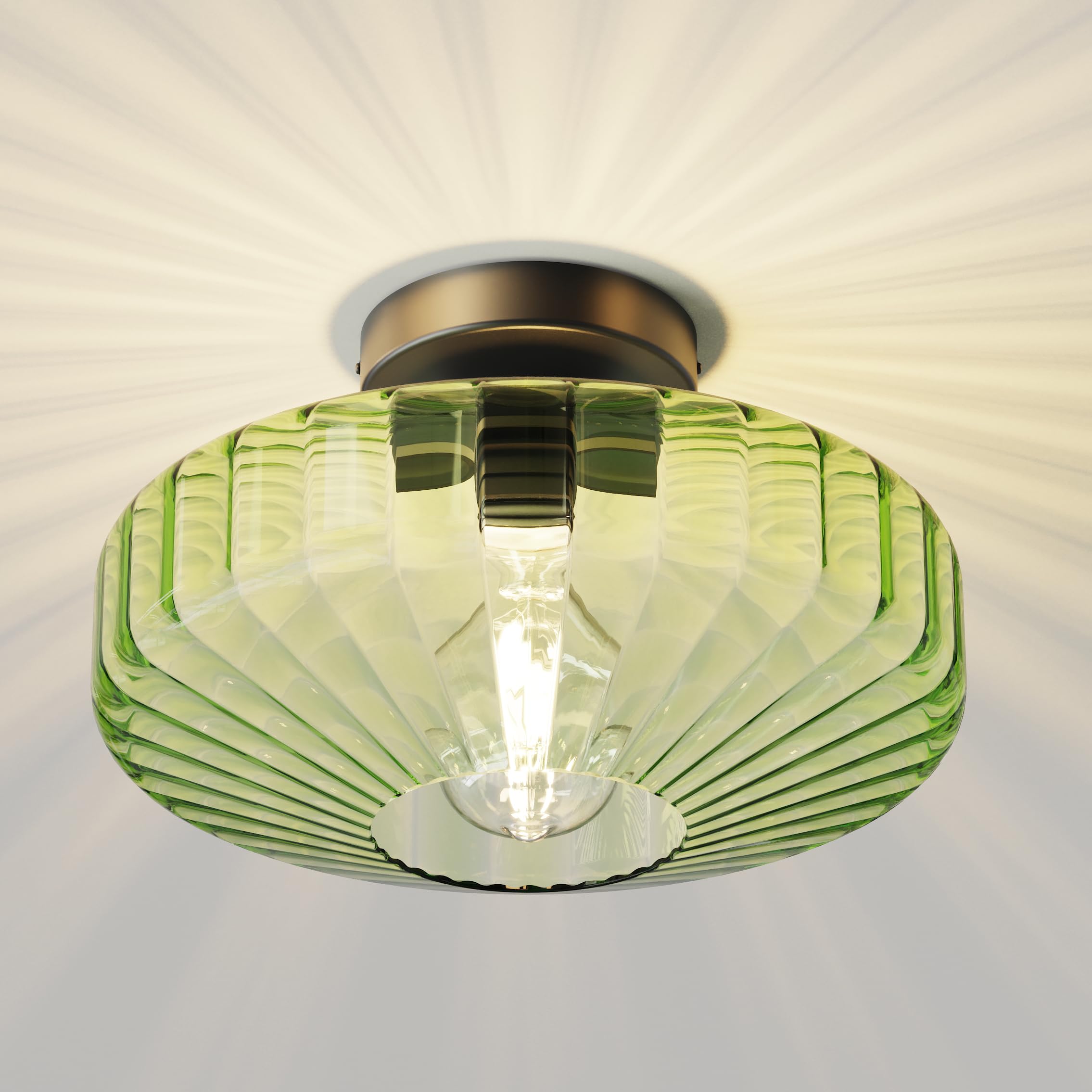 Fctwaks Semi Flush Mount Ceiling Light, 11.8'' Mid Century Modern 1-Light Close To Ceiling Light Fixtures With Drum Green Glass 