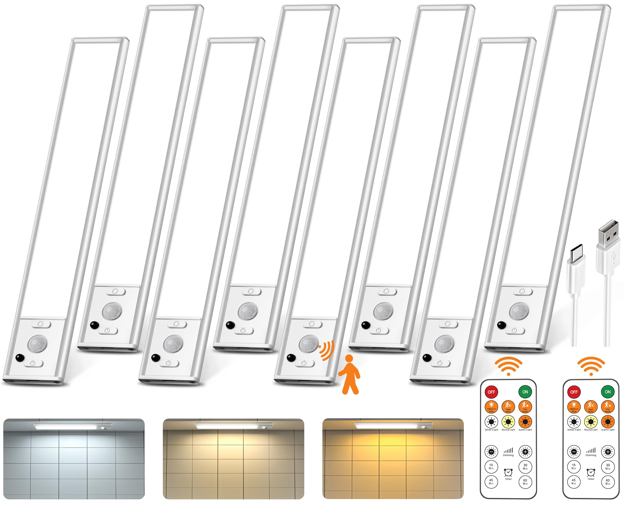 Under Cabinet Lights with Remote Control, USB Rechargeable LED Motion Sensor Light Indoor, Magnetic Wireless Under Counter Light