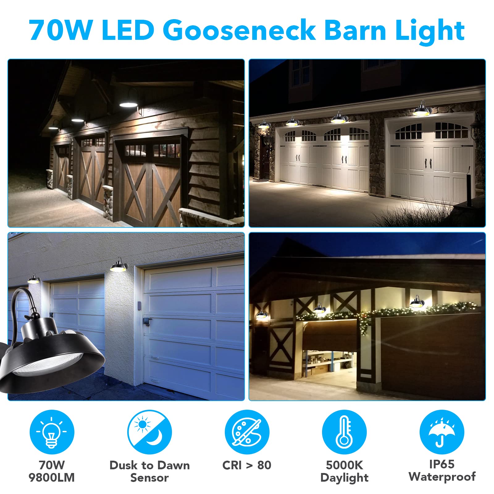 Paktonvo LED Gooseneck Barn Light, 70W 5000K, 9800LM, Aluminum, White, Dusk to Dawn, Wall Mount, Swivel Head, Farm