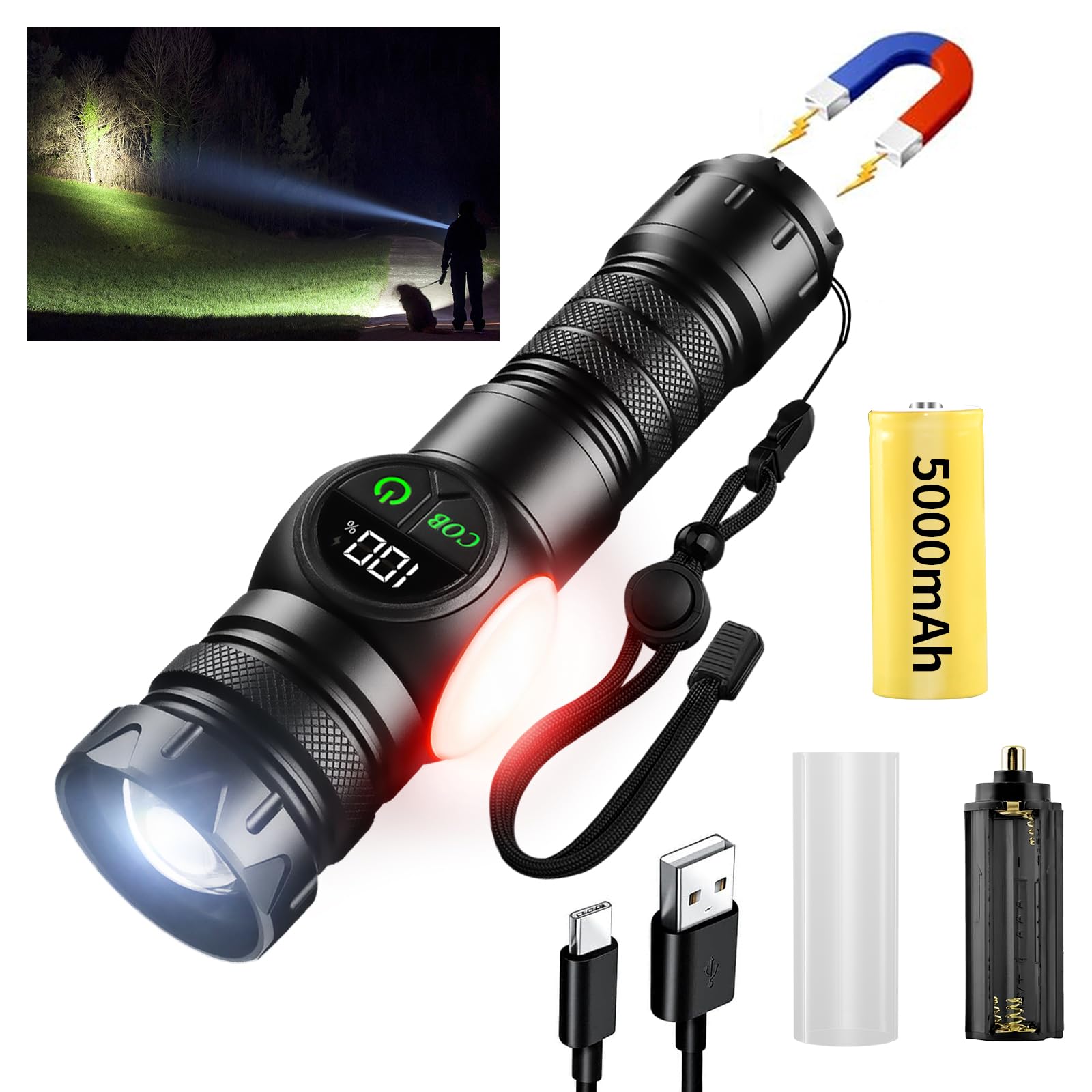iodoo 3 in 1 Rechargeable Flashlight True 5000 Lumens Outdoor Strong Cob Light, 5000mAh Zoomable Beam LED Flash Light with Magne
