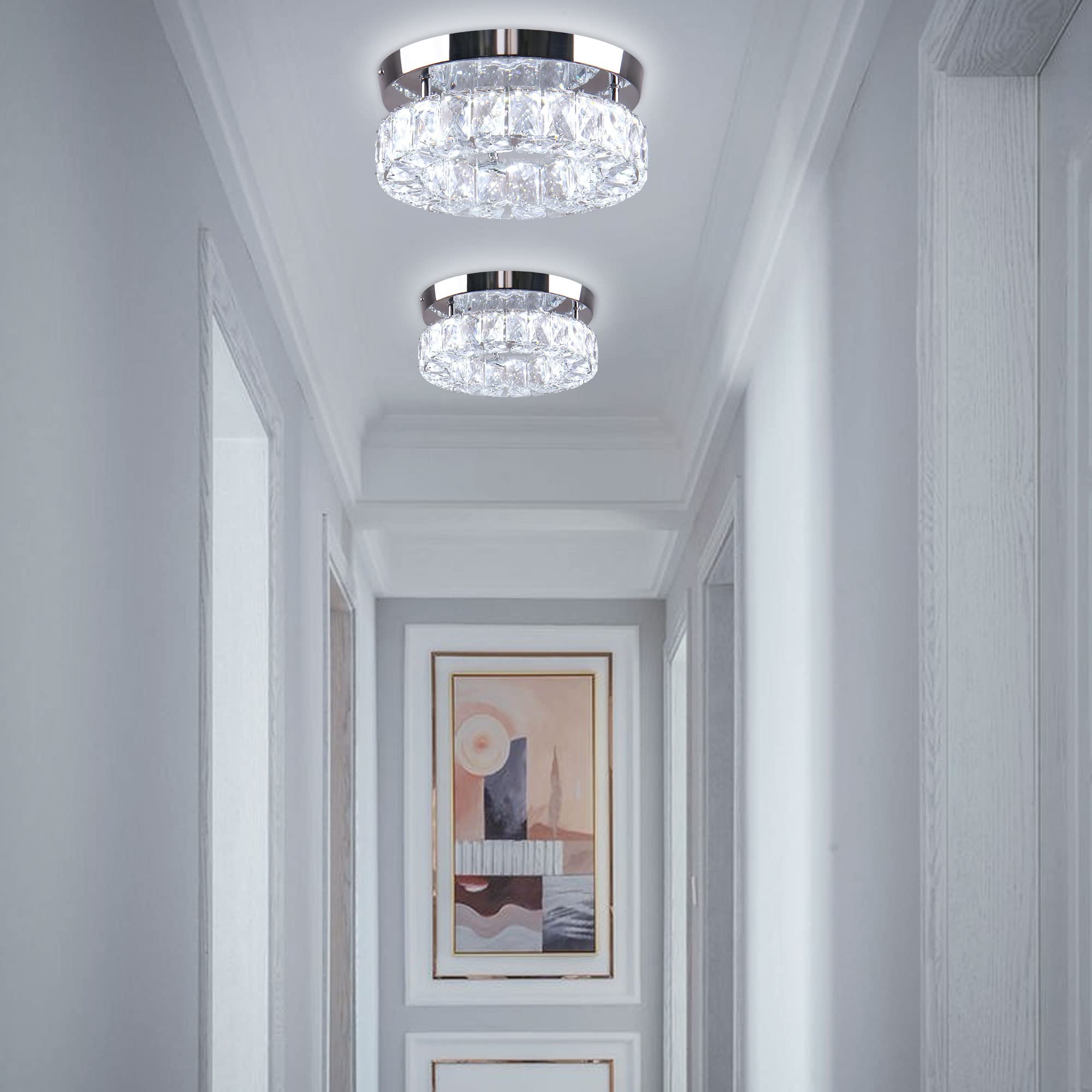 Ypqxyhda 9.8" Crystal Flush Mount Ceiling Light Fixtures Led Round Mini Chandelier Light Fixture Ceiling Lamp For Kitchen Hallway Foyer 15 W 6000K