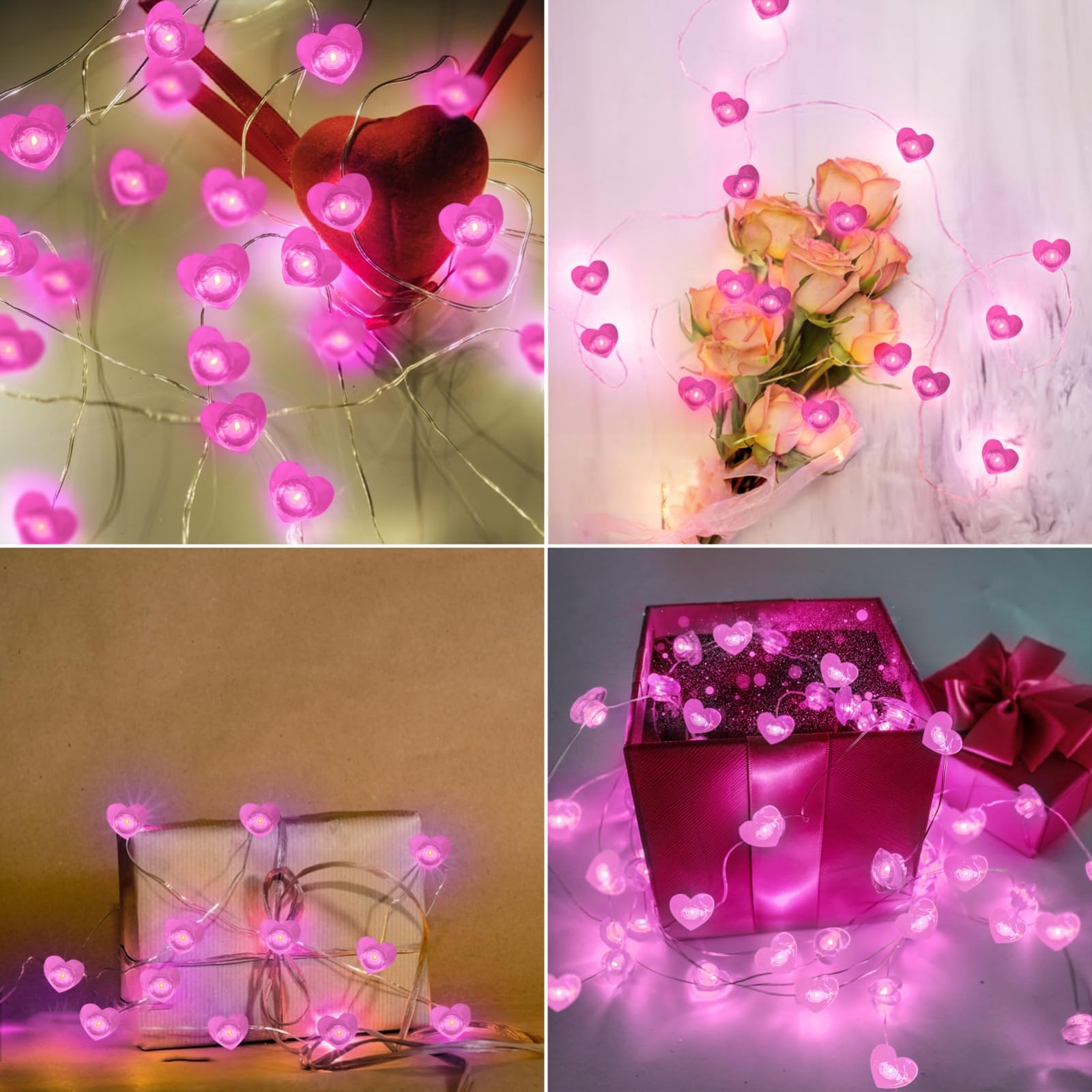 10FT Pink Heart Fairy Lights Battery Operated with Timer for Christmas Decoration, LED String Lights Indoor Outdoor Waterproof T