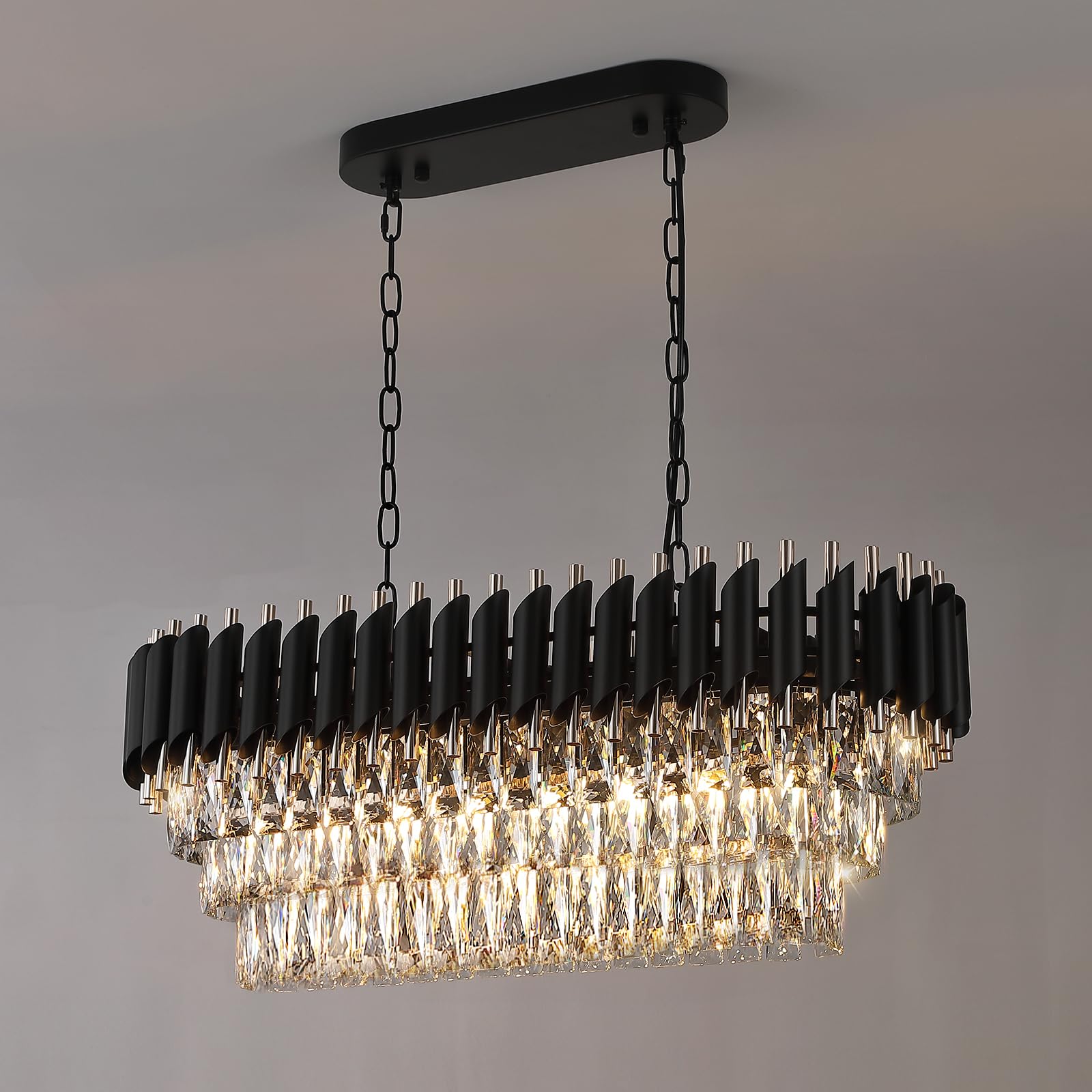A Axilixi Modern Rectangular Chandelier Black And Gold Crystal Chandeliers For Dining Room Linear Ceiling Pendant Light Long 32” Luxury Oval Chandelier 8 Lights For Kitchen Island Living Room