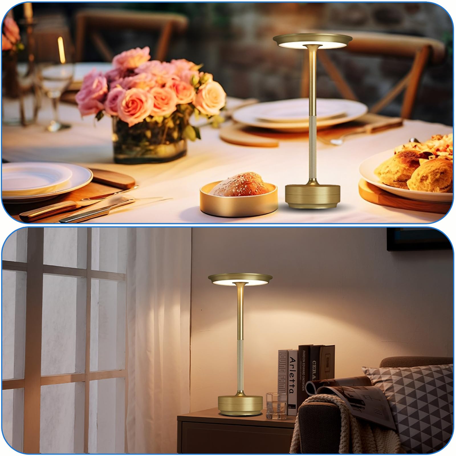 SJIE Cordless Table Lamp, Rechargeable LED Light, 3 Modes Dimming, 5x11 inches, Gold, Model JB-TD064, Portable for Outdoor/Dinner
