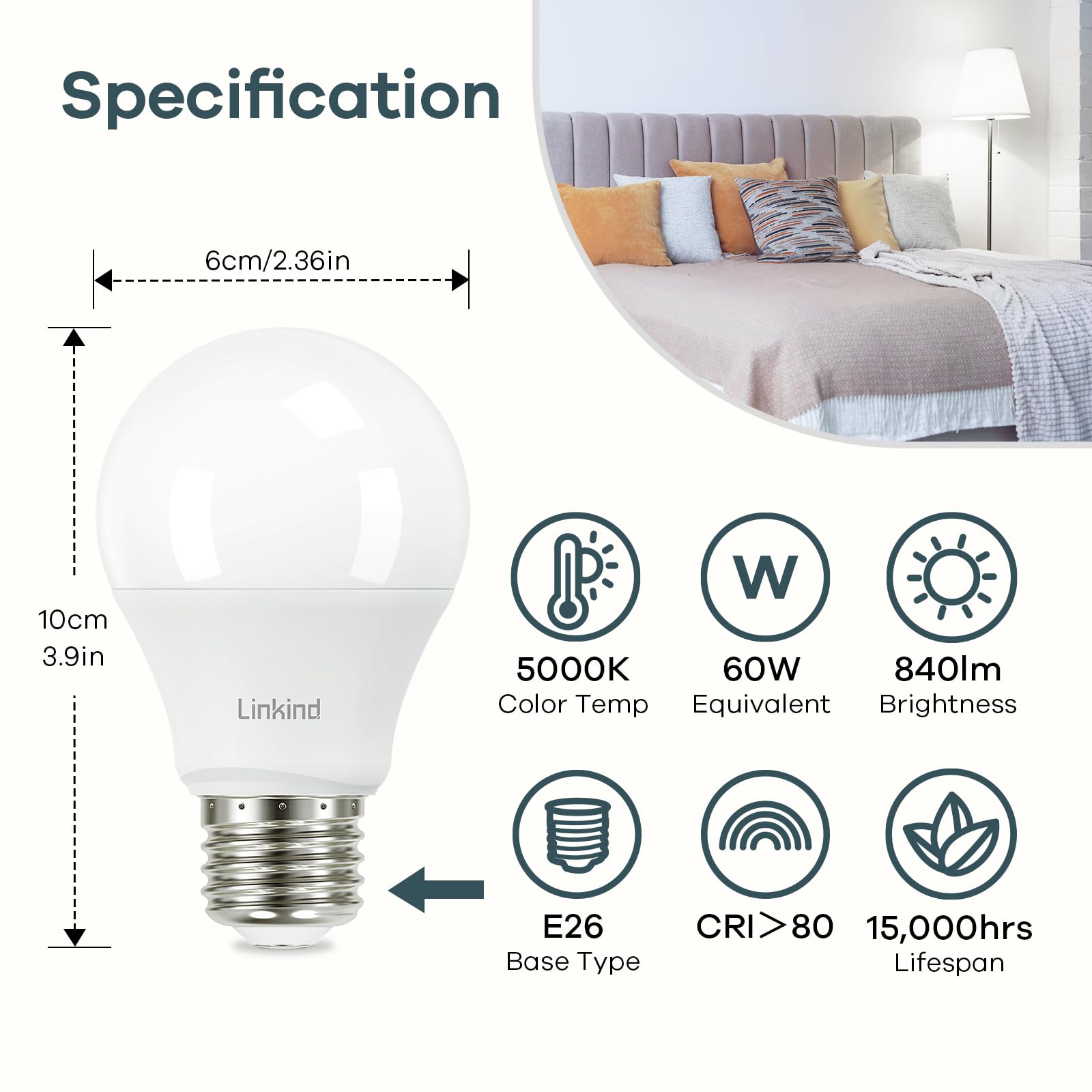 Linkind A19 Led Light Bulb, 60W Equivalent Light Bulbs, 9W 5000K Daylight, 840 Lumens Non-Dimmable Led Bulb, E26 Standard Base,