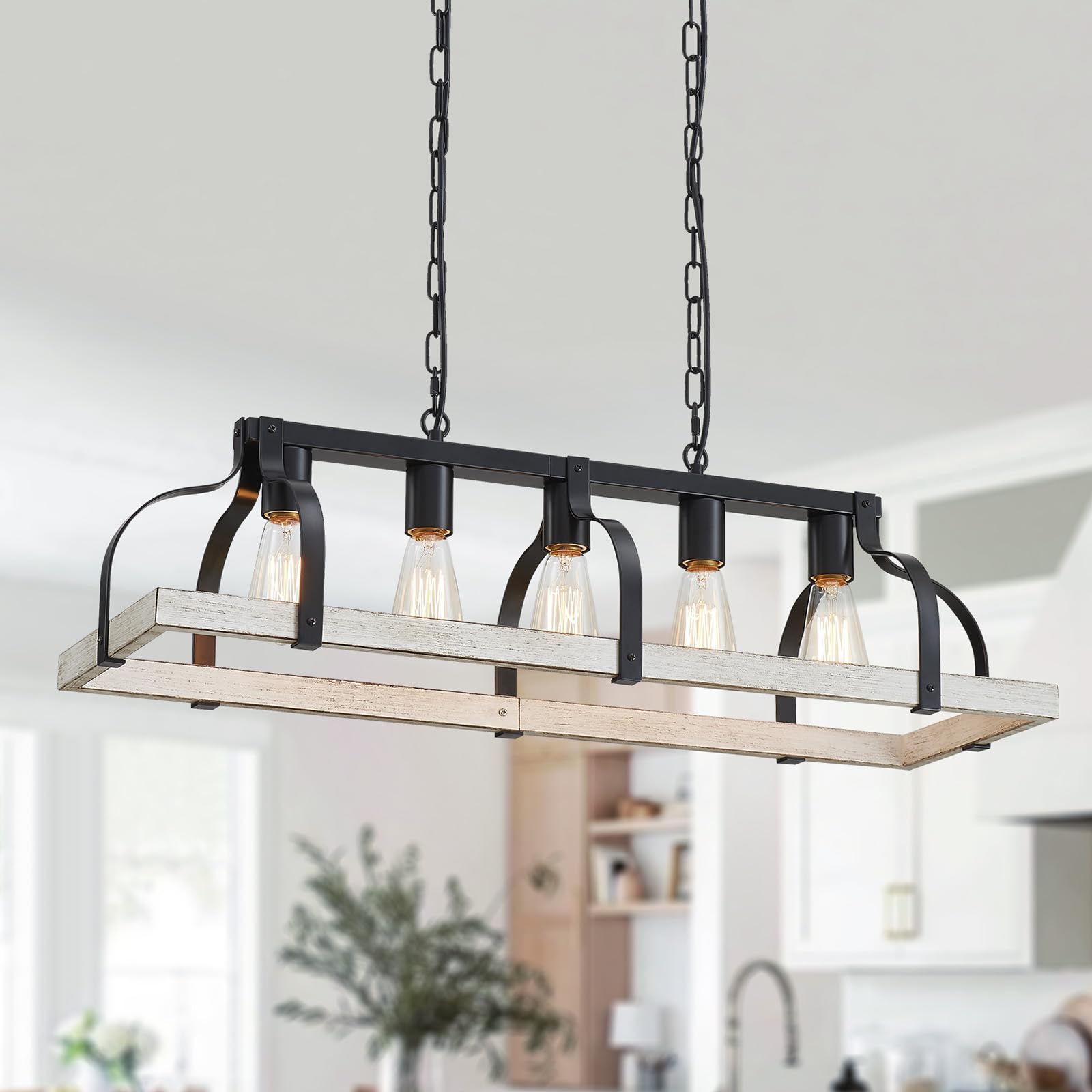 WUZUPS 5-Light Metal Chandelier Imitation Wood Grain Linear Pendant Ceiling Lighting Rustic Farmhouse Fixture Kitchen Island Din