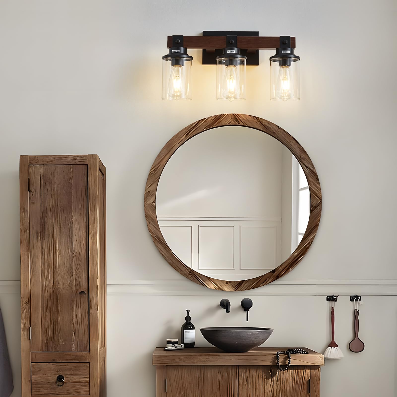 Aixialin 3-Light Wood Bathroom Vanity Light, Rustic Black & Wooden Iron Sconces, Model 600-100-1090