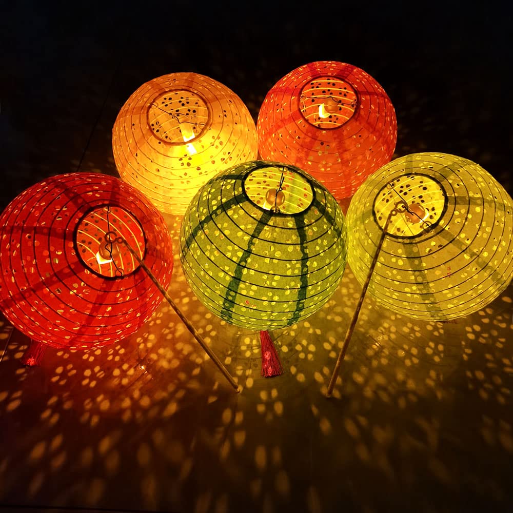 12 Pieces Chinese Paper Lanterns Multicolor Hanging Hollow Out Lanterns 8 Inch Asia Japanese Lantern Lamps For Home Outdoor Classroom Decorations (Round With Led-Colorful)