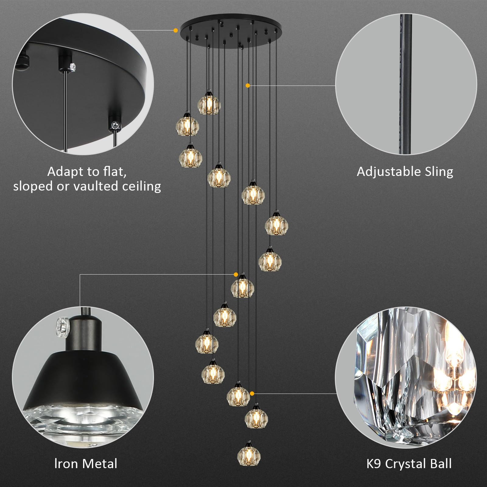 Weesalife 14-Light Crystal Chandelier, Black Modern Pendant Light Fixture for High Ceilings, Model 8817-12C BR
